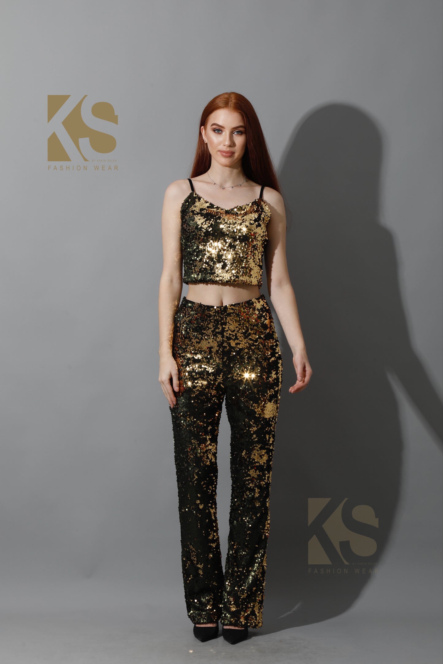 Co-Ord Sequins Top & Trousers Set - Gold