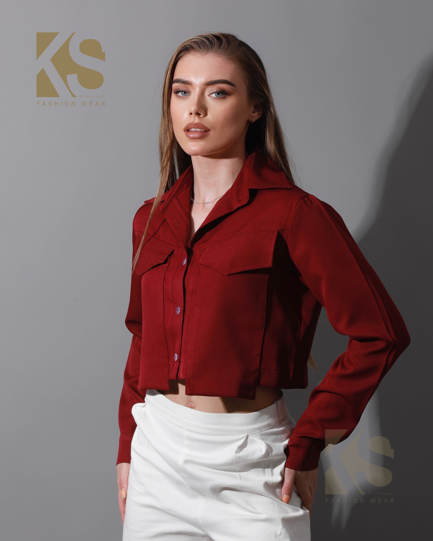 Pockets Cropped Shirt - Maroon