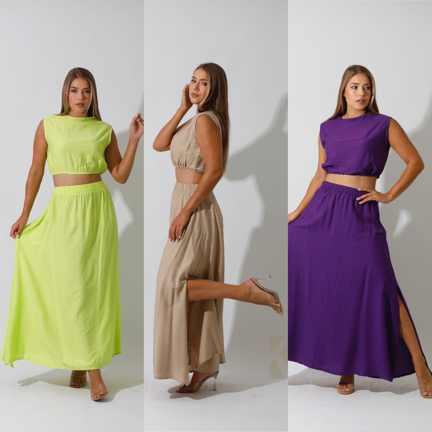 Crop Top & Maxi Side Slite Skirt Set - Purple