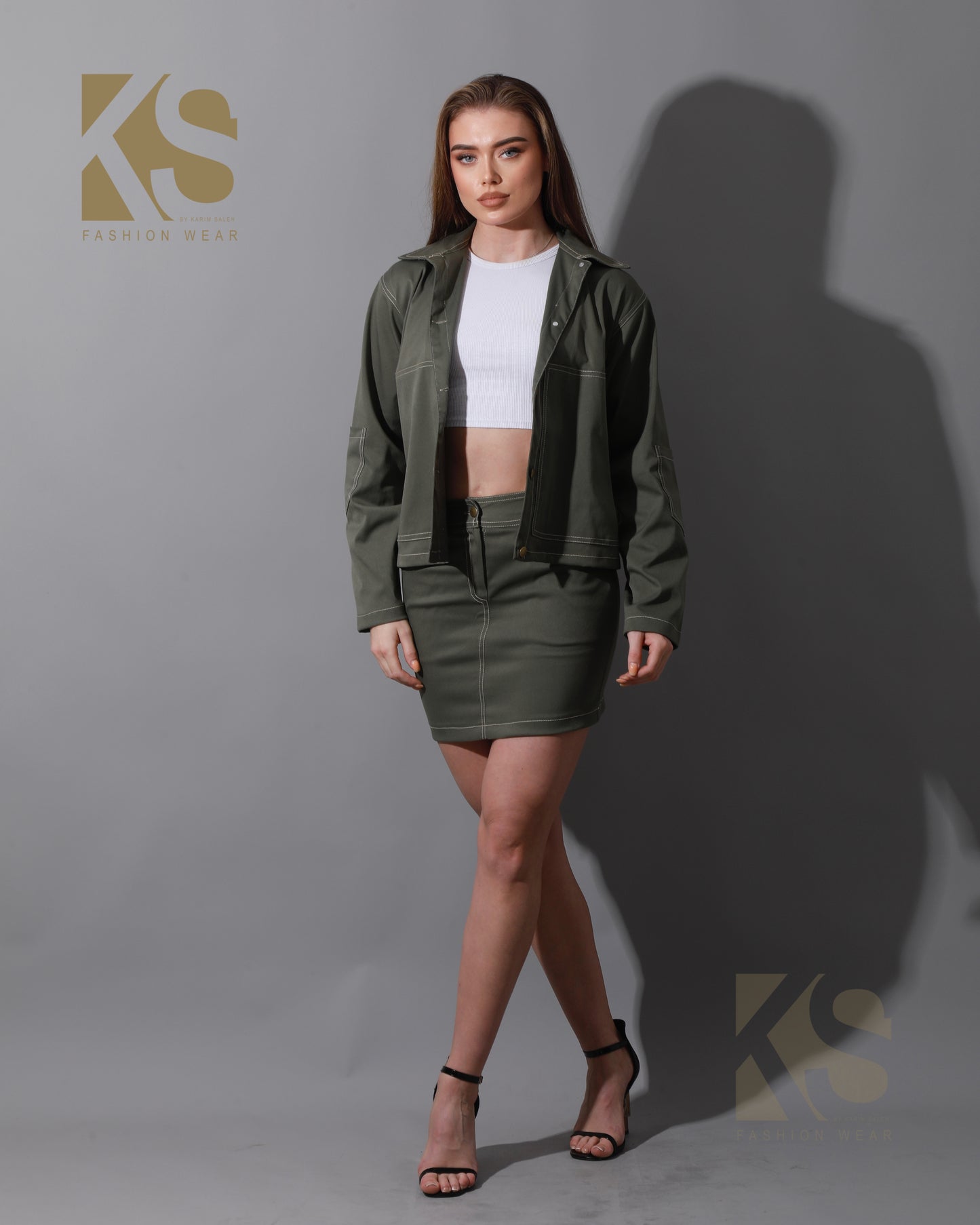 Co-Ord Gabardine Sleeves Jacket & Short Skirt - Olive