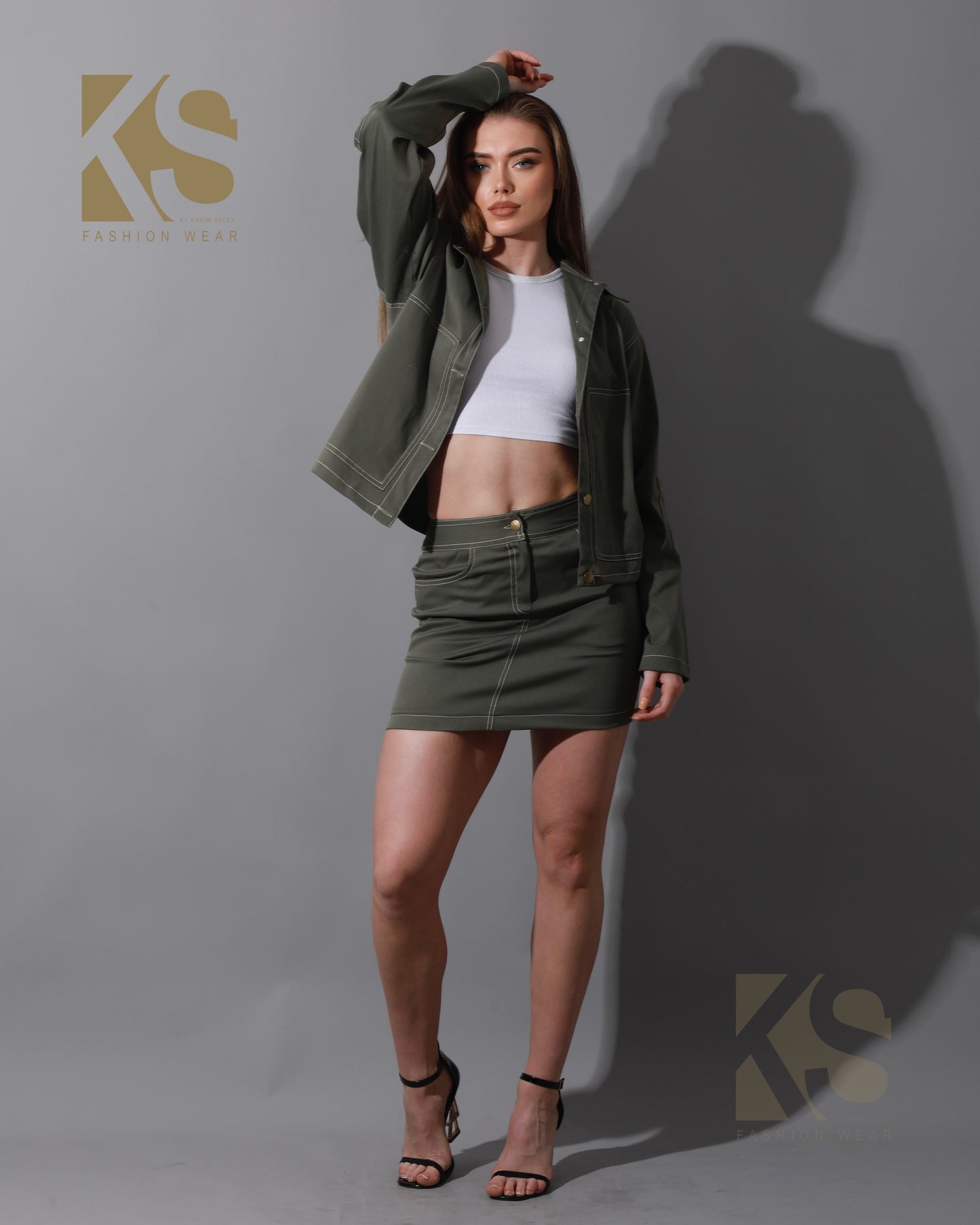 Co-Ord Gabardine Sleeves Jacket & Short Skirt - Olive
