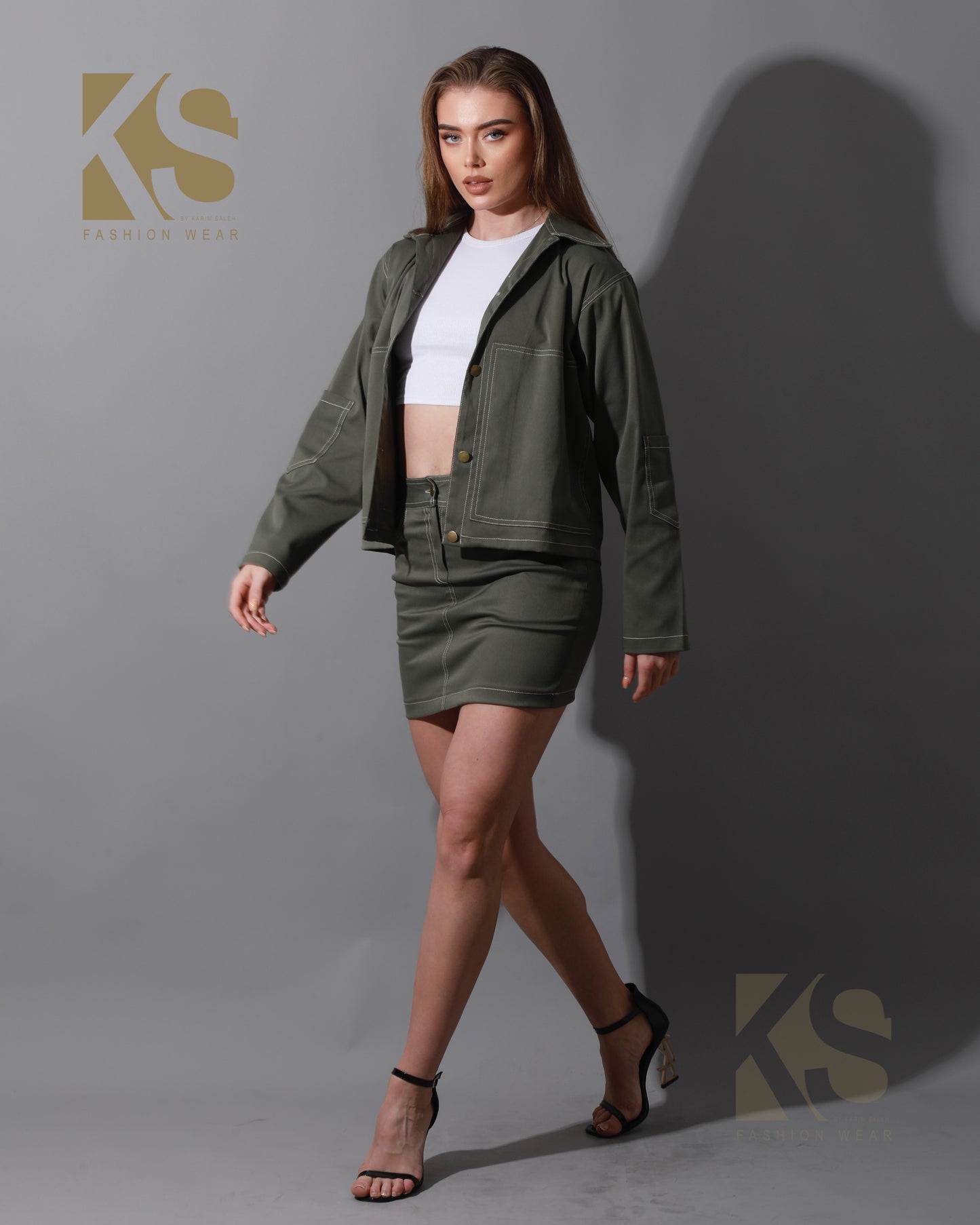 Co-Ord Gabardine Sleeves Jacket & Short Skirt - Olive