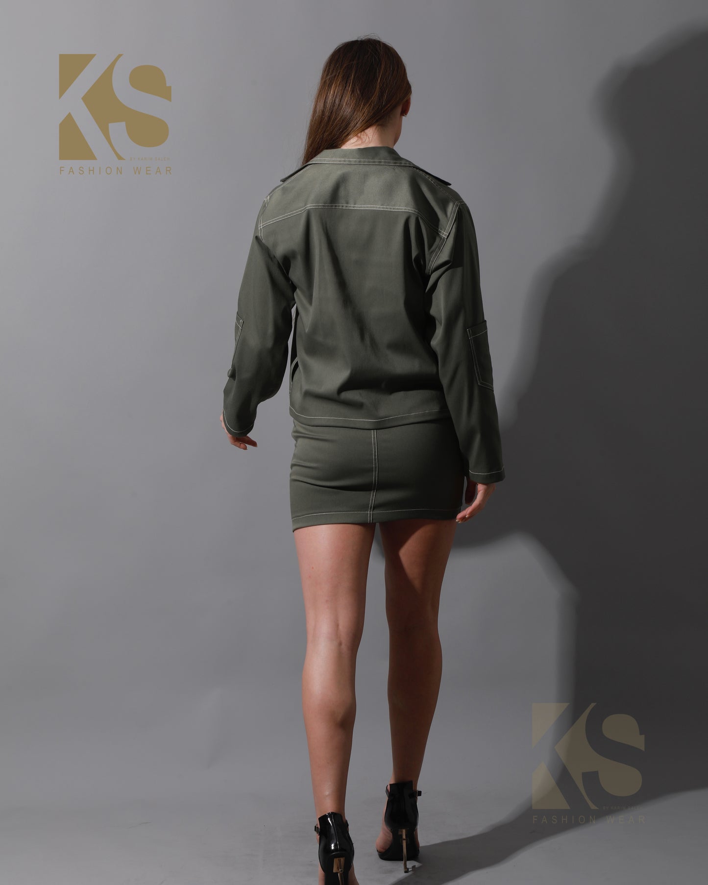 Co-Ord Gabardine Sleeves Jacket & Short Skirt - Olive