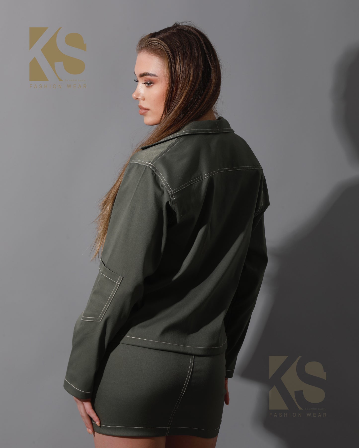 Co-Ord Gabardine Sleeves Jacket & Short Skirt - Olive