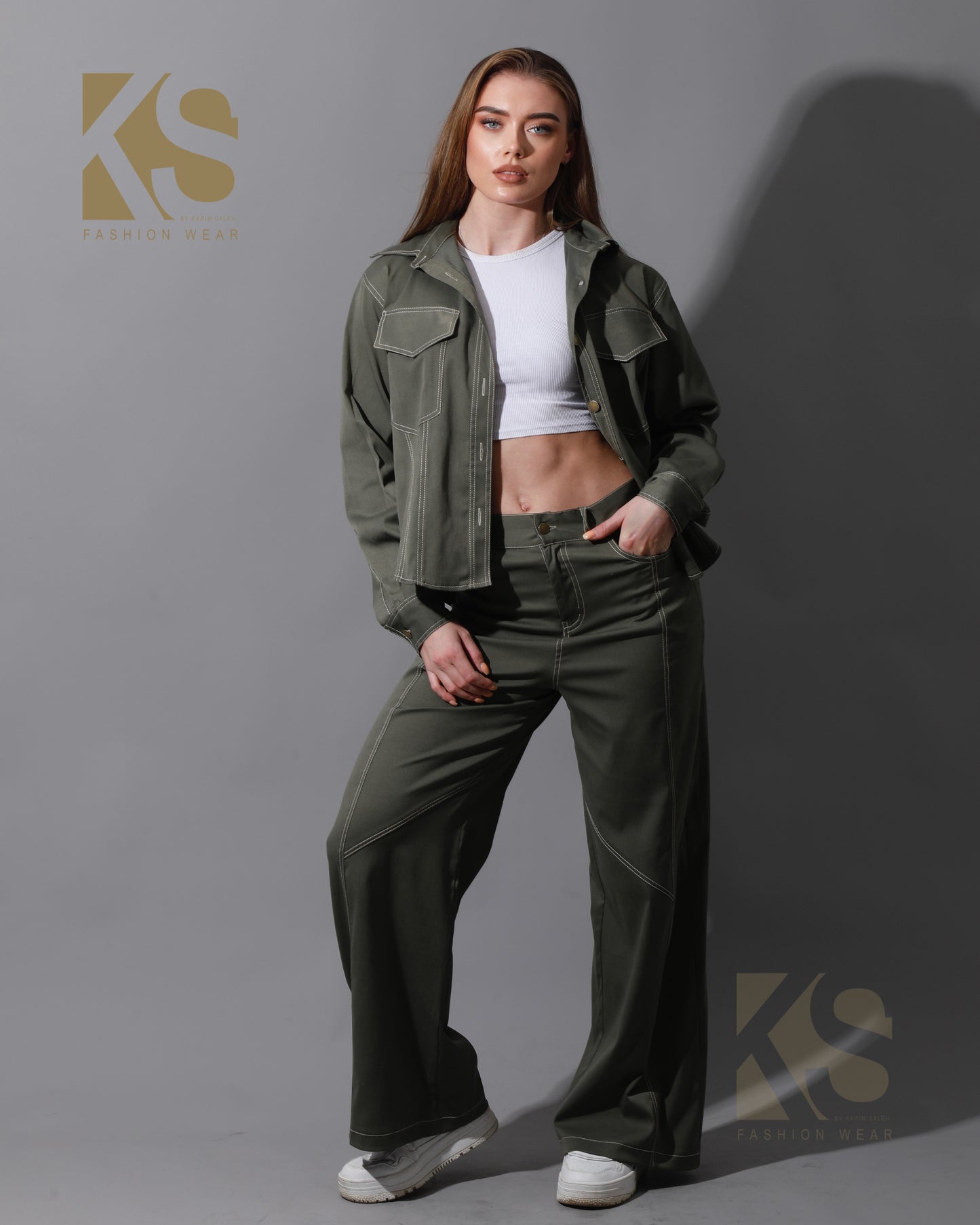 Co-Ord Gabardine Cutout Shirt & Cutout Pants - Olive