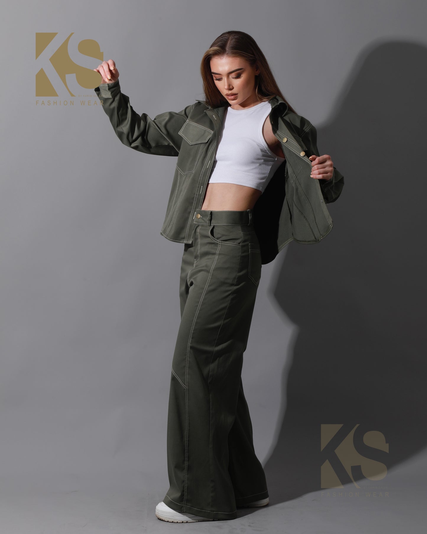 Co-Ord Gabardine Cutout Shirt & Cutout Pants - Olive