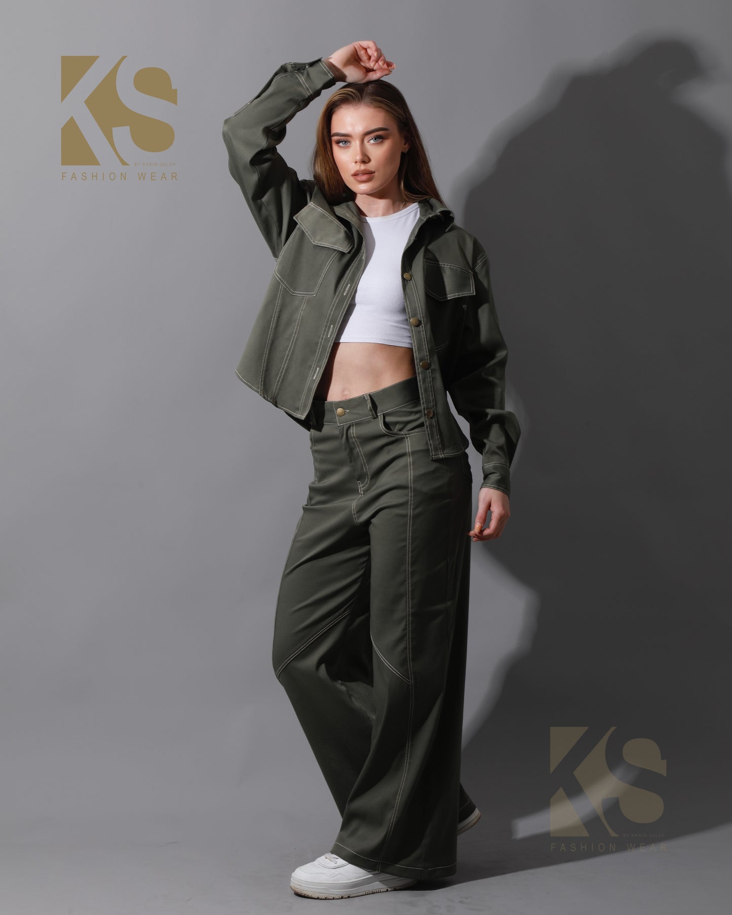 Co-Ord Gabardine Cutout Shirt & Cutout Pants - Olive