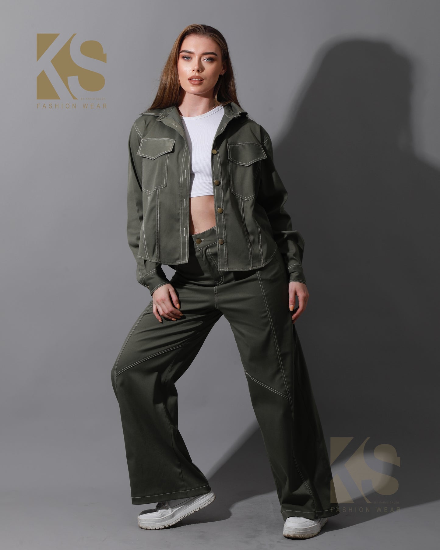 Co-Ord Gabardine Cutout Shirt & Cutout Pants - Olive