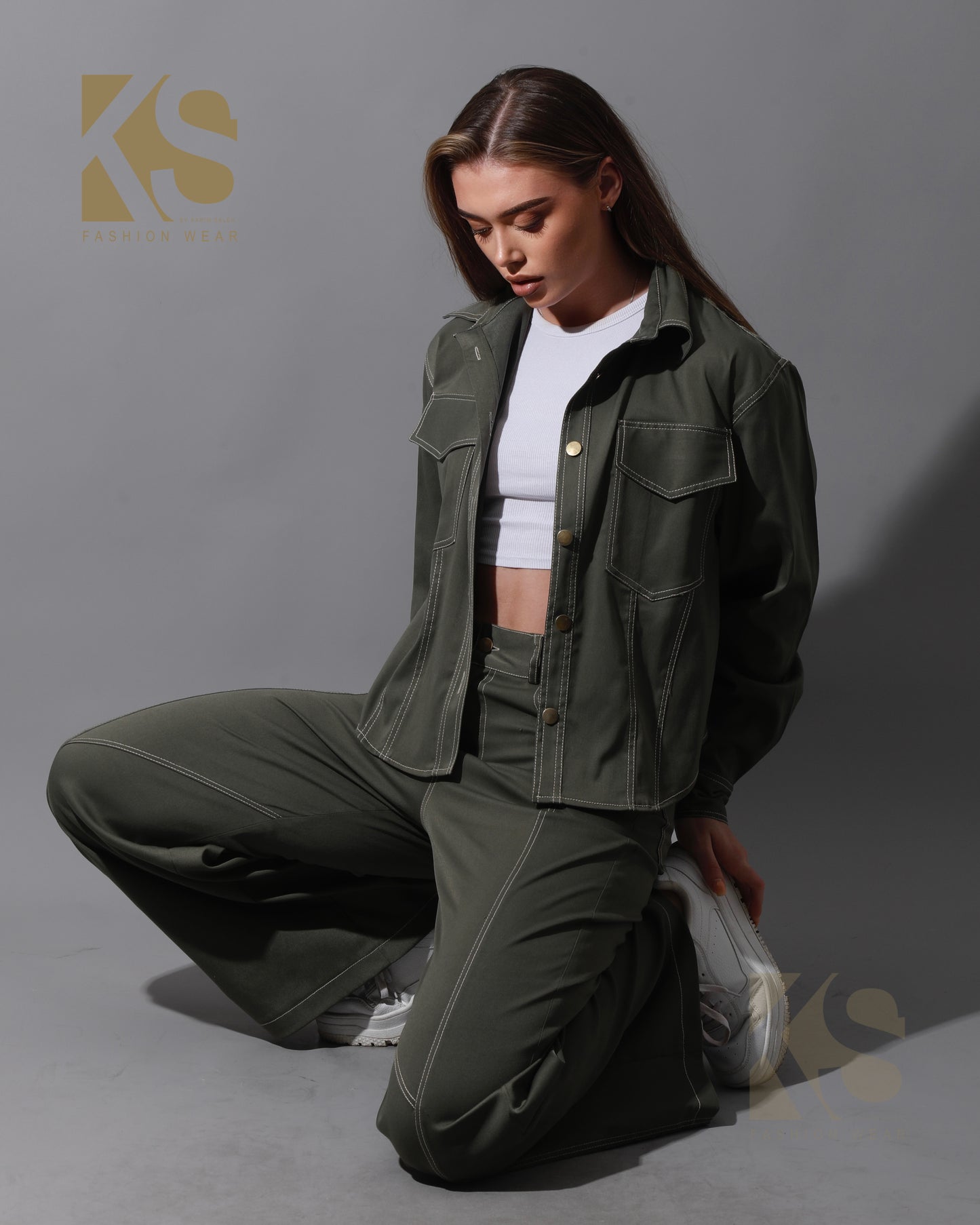 Co-Ord Gabardine Cutout Shirt & Cutout Pants - Olive