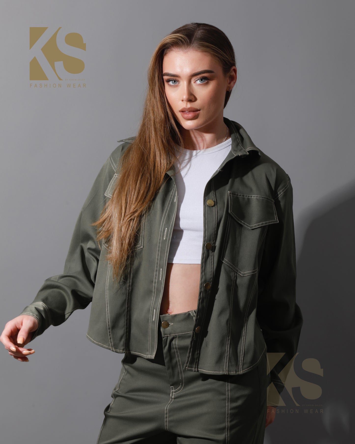 Co-Ord Gabardine Cutout Shirt & Cutout Pants - Olive