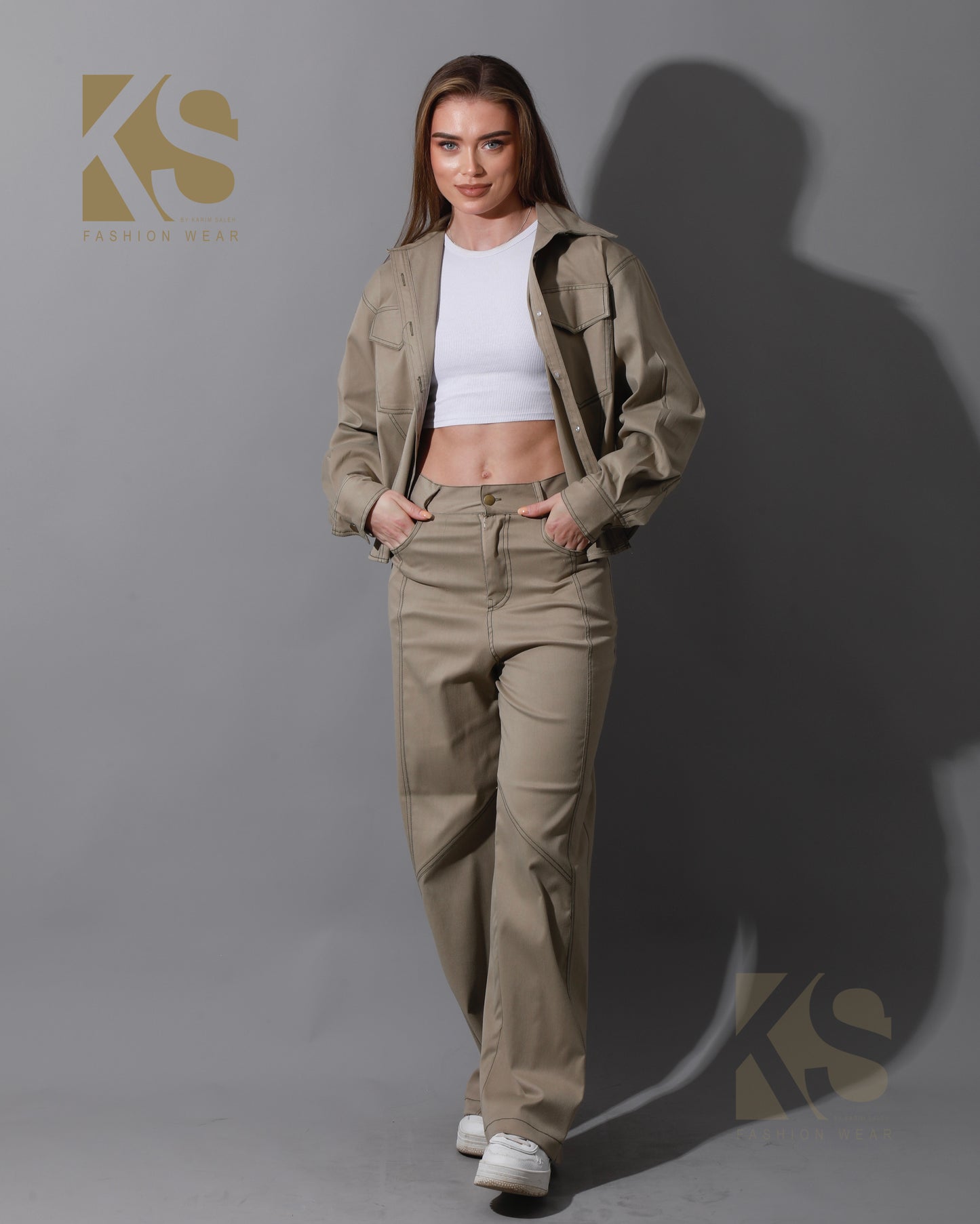 Co-Ord Gabardine Cutout Pants - Beige
