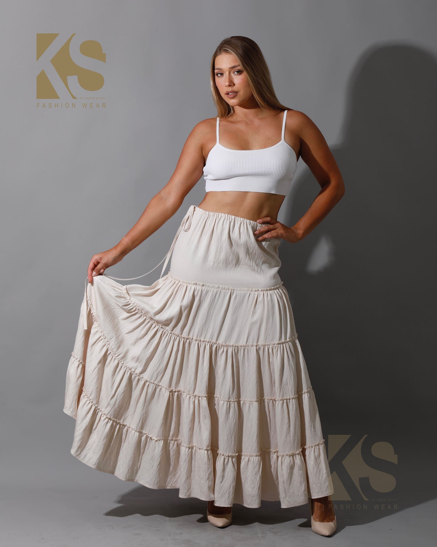 Tied Up Ruffle Skirt - Beige