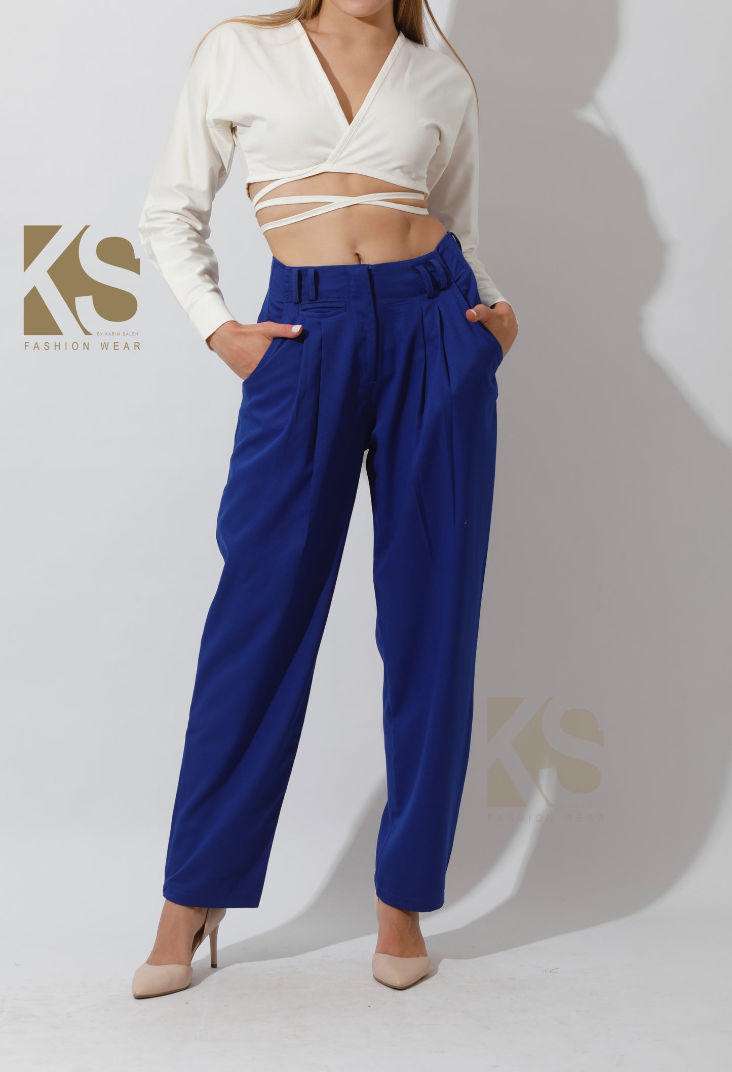 High Rise Paper-Bag Pants - Electric Blue