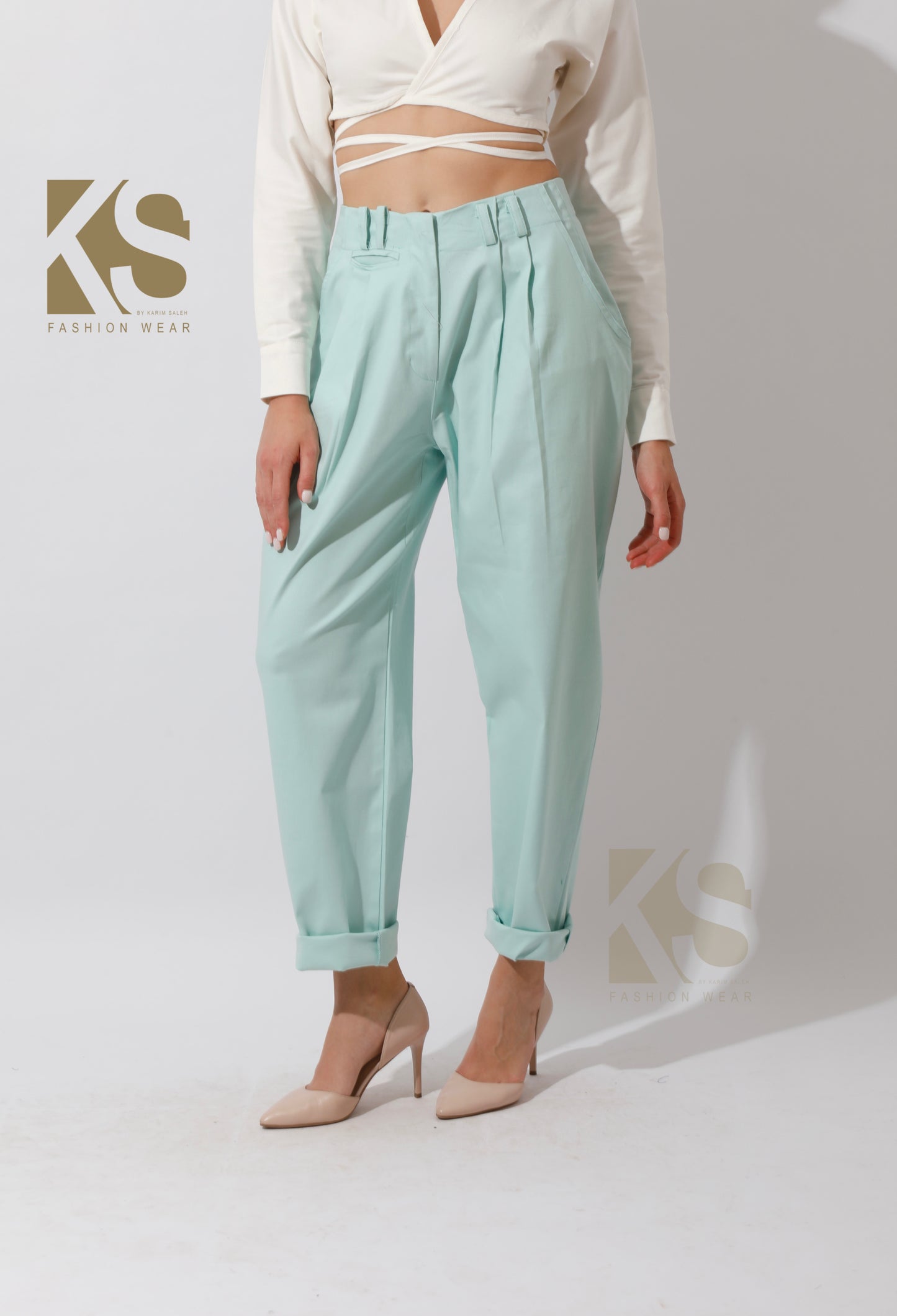High Rise Paper-Bag Pants - Mint