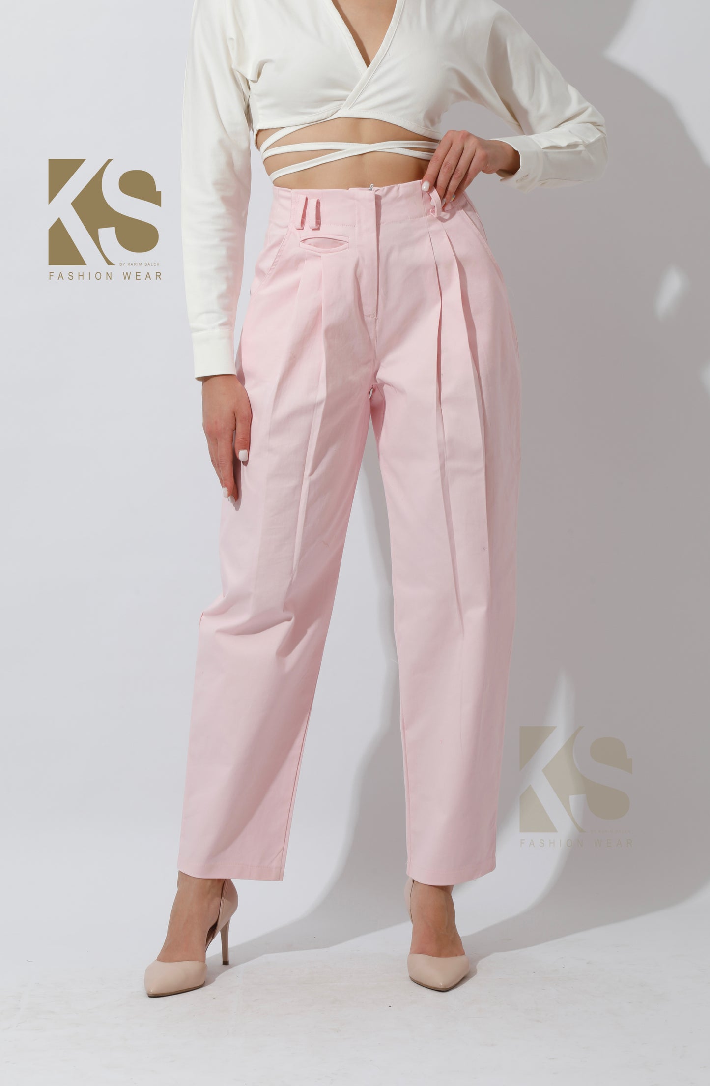 High Rise Paper-Bag Pants - Pink