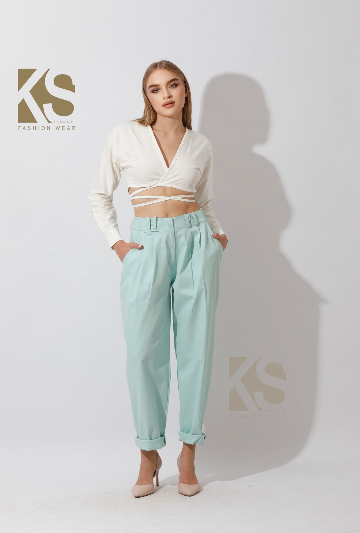 High Rise Paper-Bag Pants - Mint