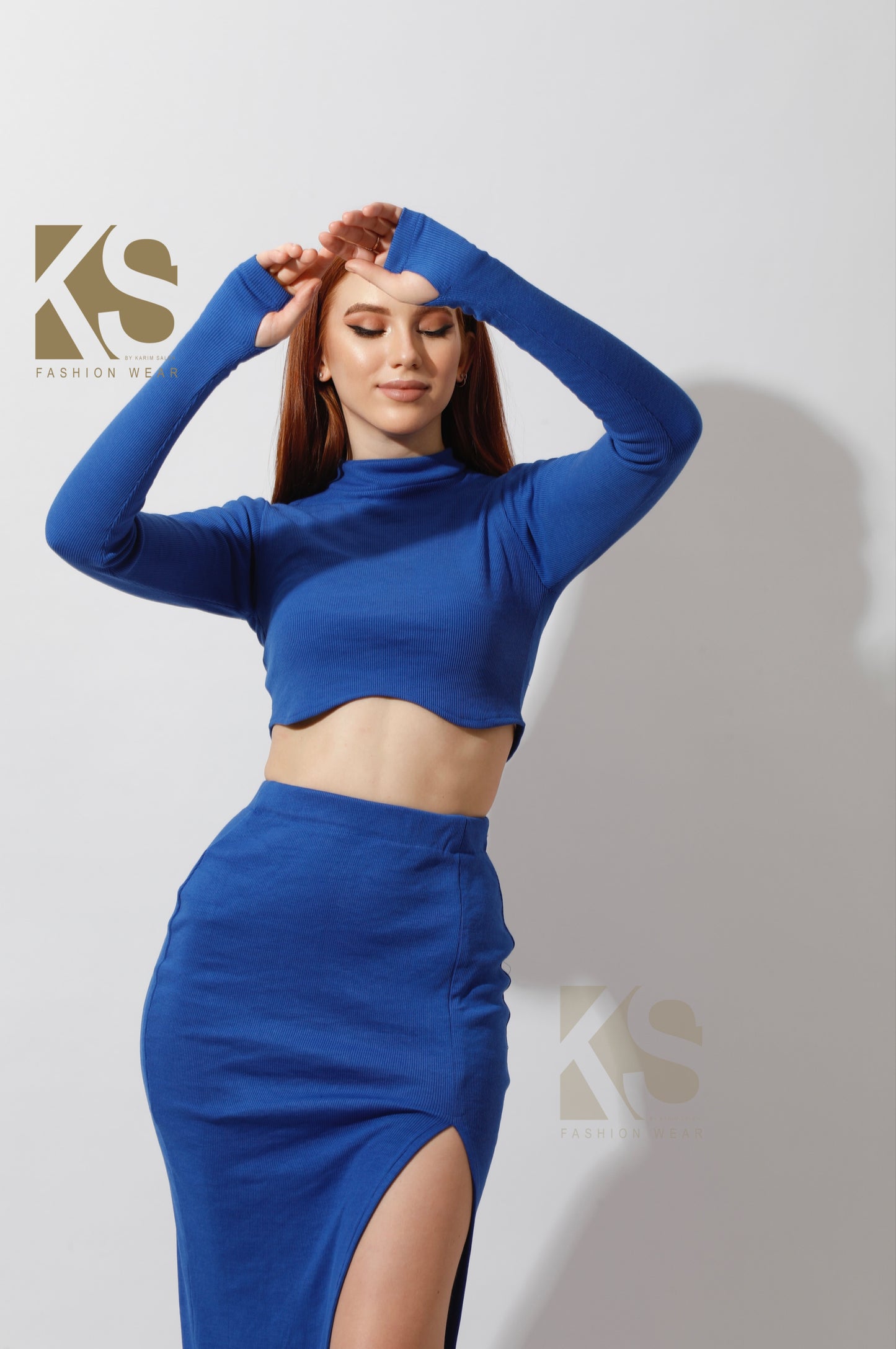 Co-ord Crop Top & Midi Skirt Rib Set - Electric Blue
