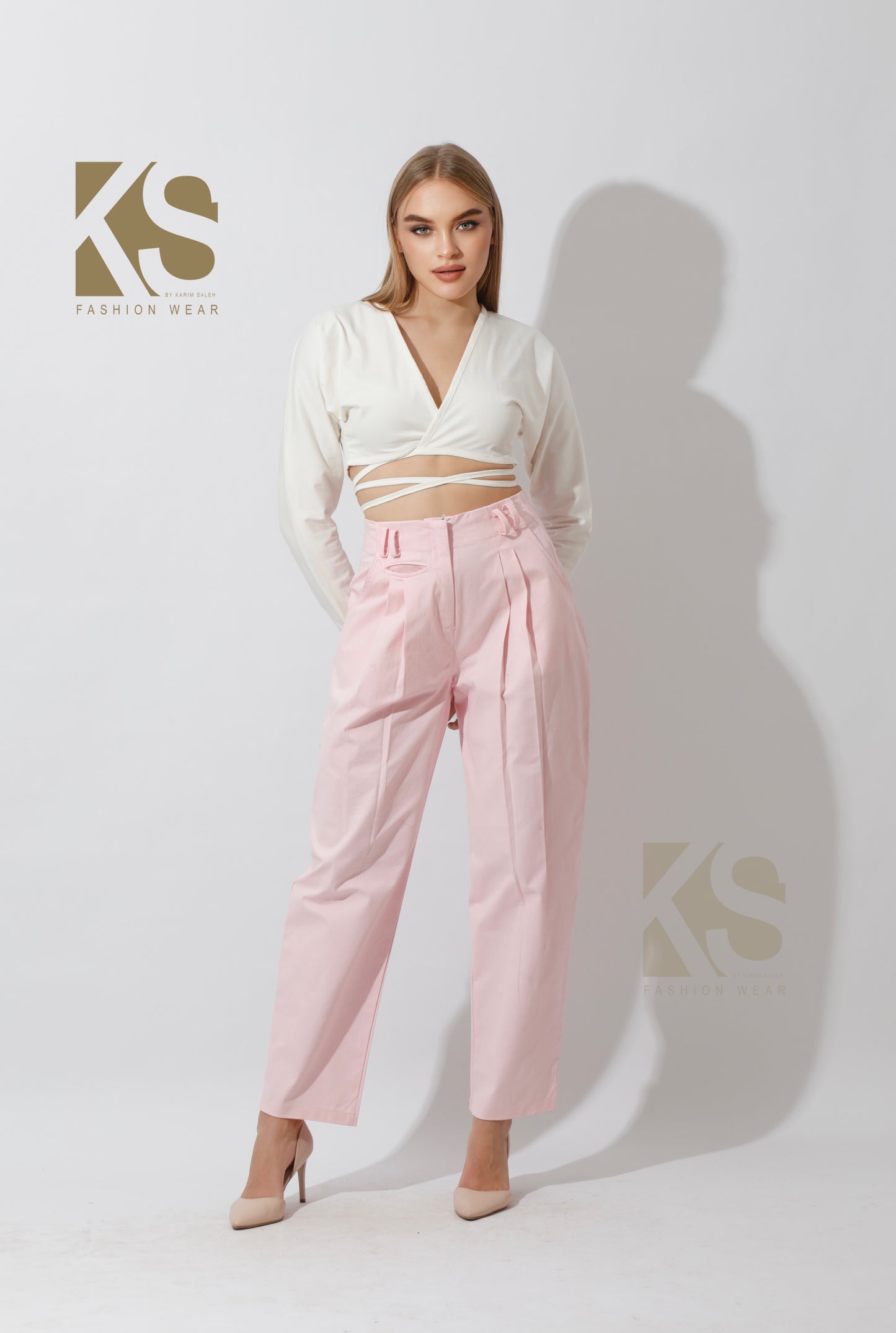 High Rise Paper-Bag Pants - Pink