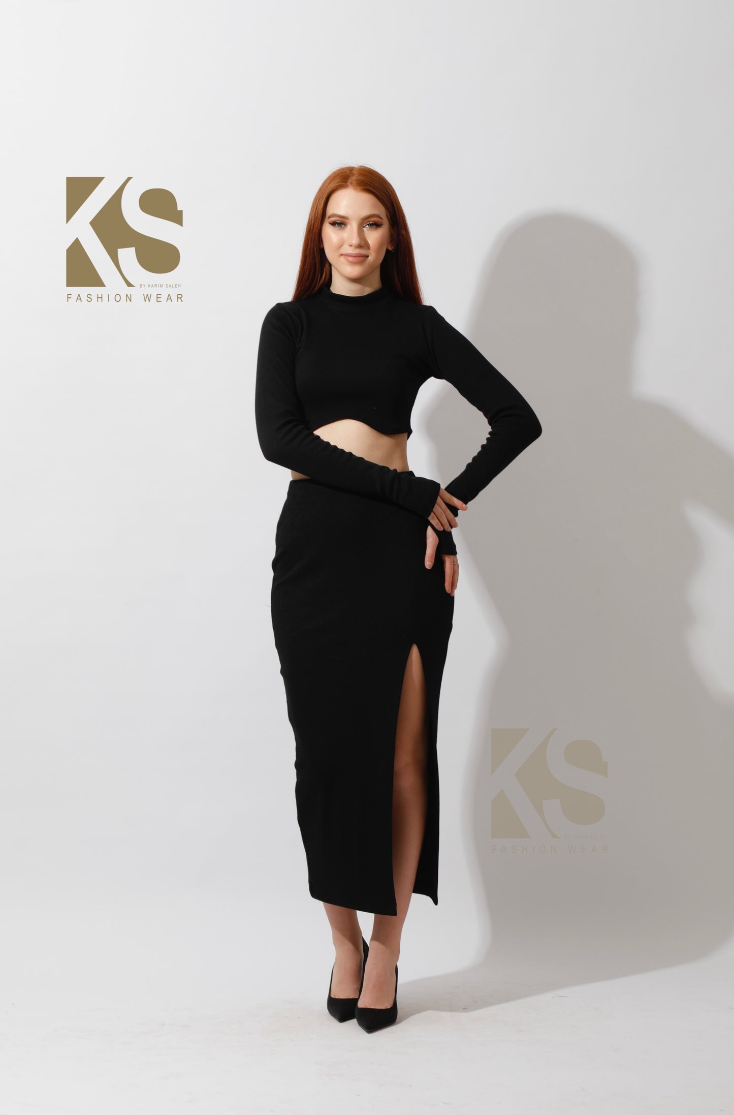 Co-ord Crop Top & Midi Skirt Rib Set - Black