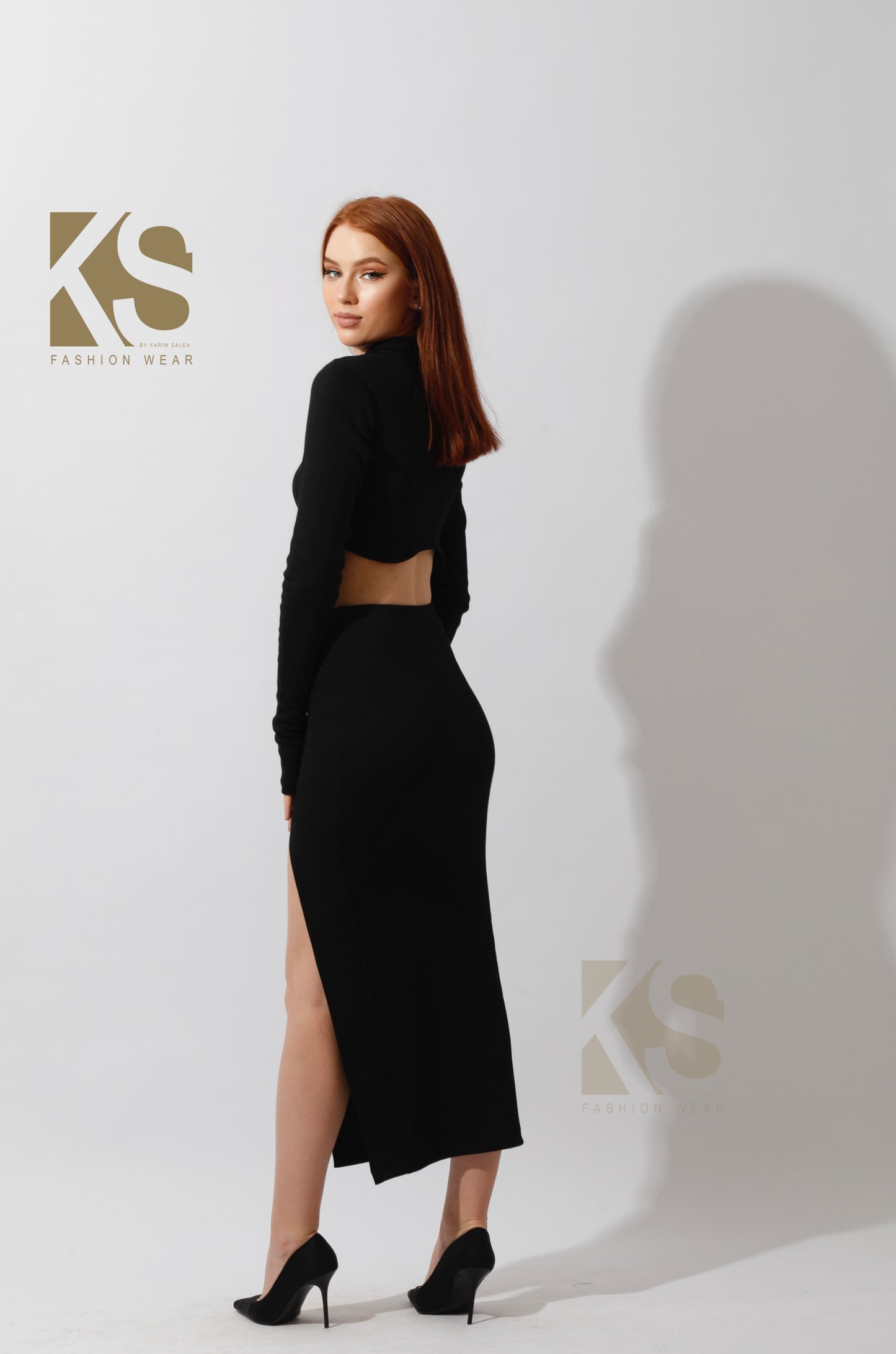 Co-ord Crop Top & Midi Skirt Rib Set - Black