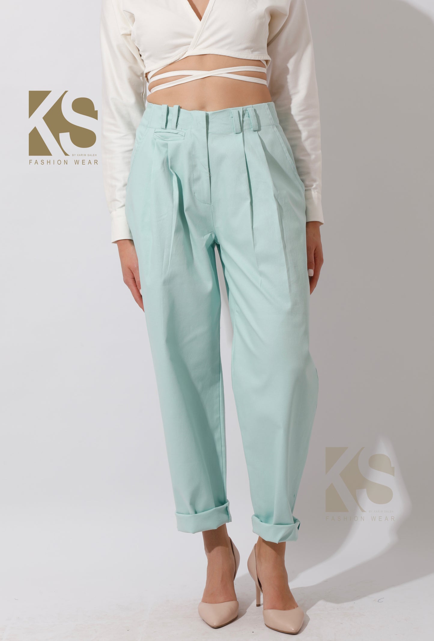 High Rise Paper-Bag Pants - Mint
