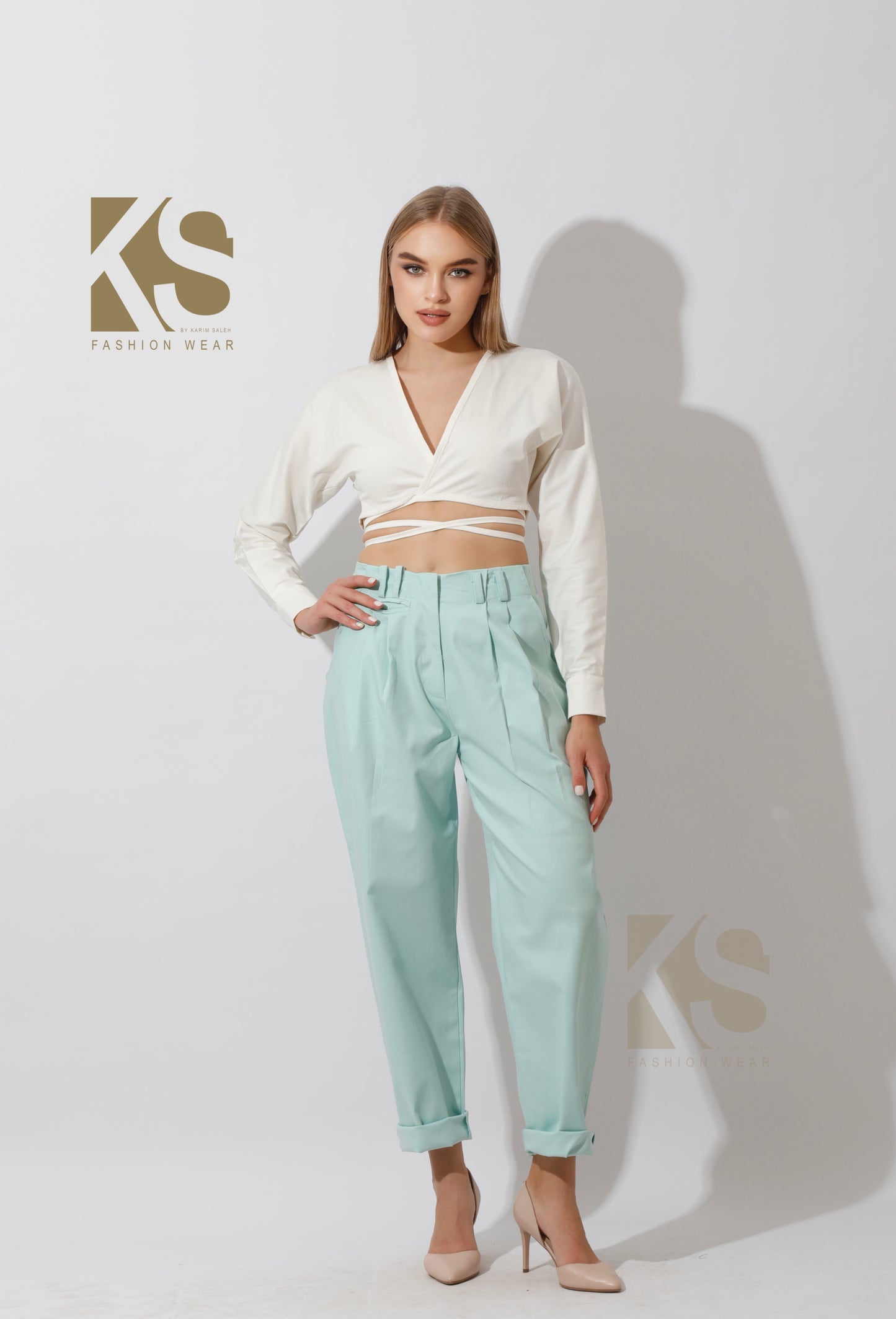 High Rise Paper-Bag Pants - Mint
