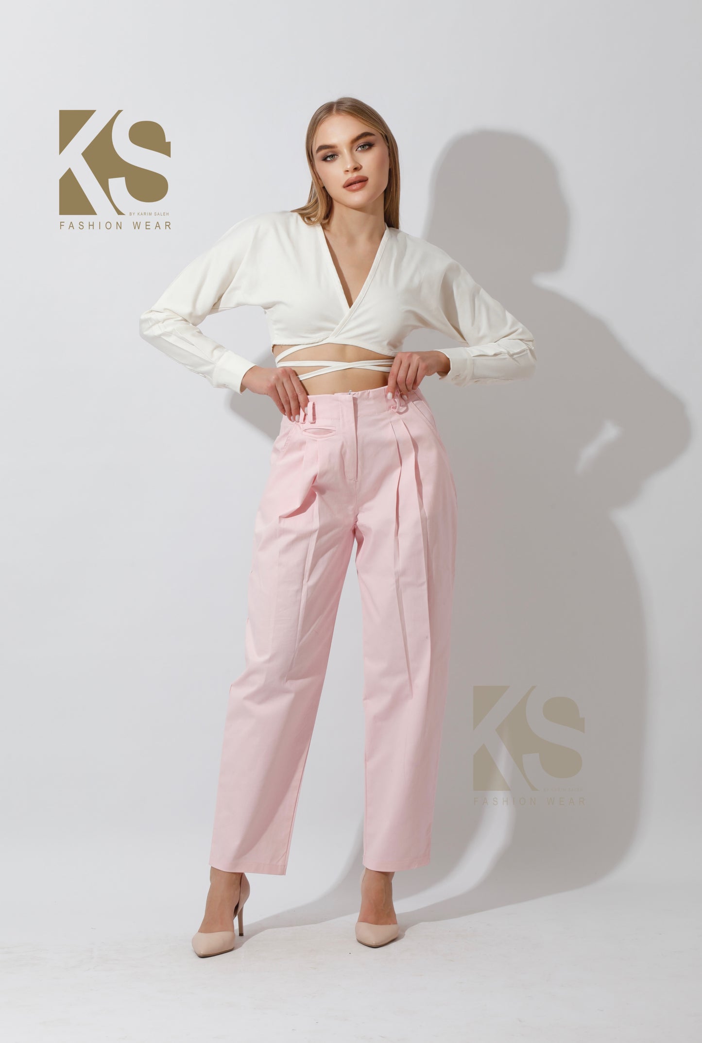 High Rise Paper-Bag Pants - Pink