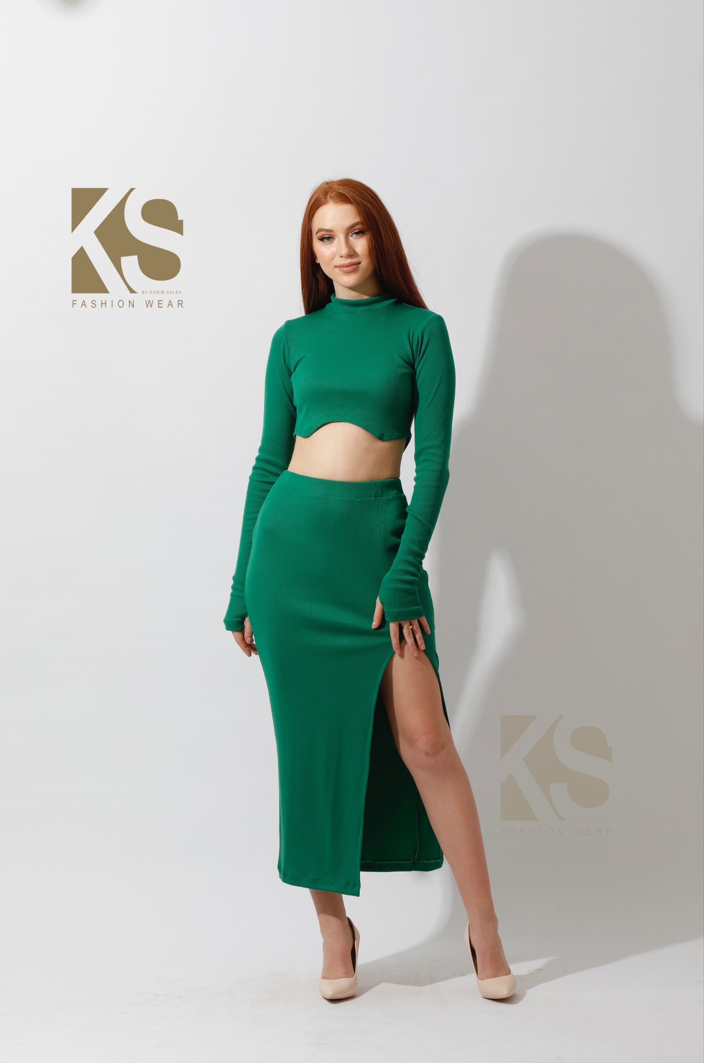 Co-ord Crop Top & Midi Skirt Rib Set - Green