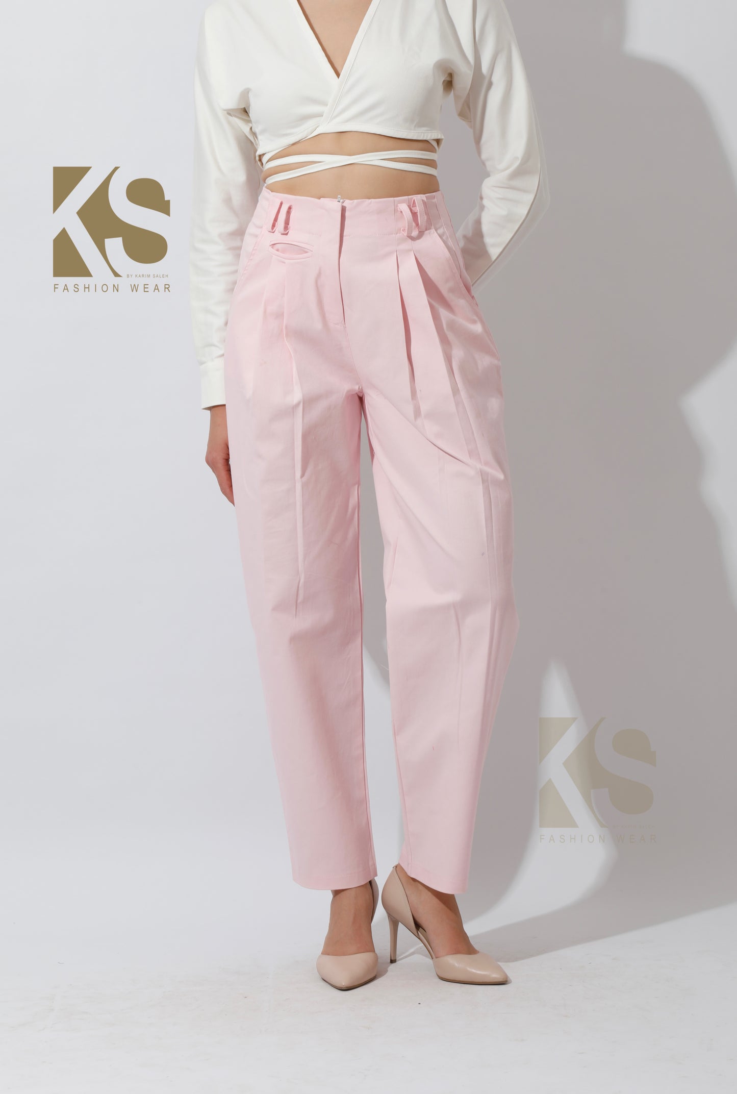 High Rise Paper-Bag Pants - Pink