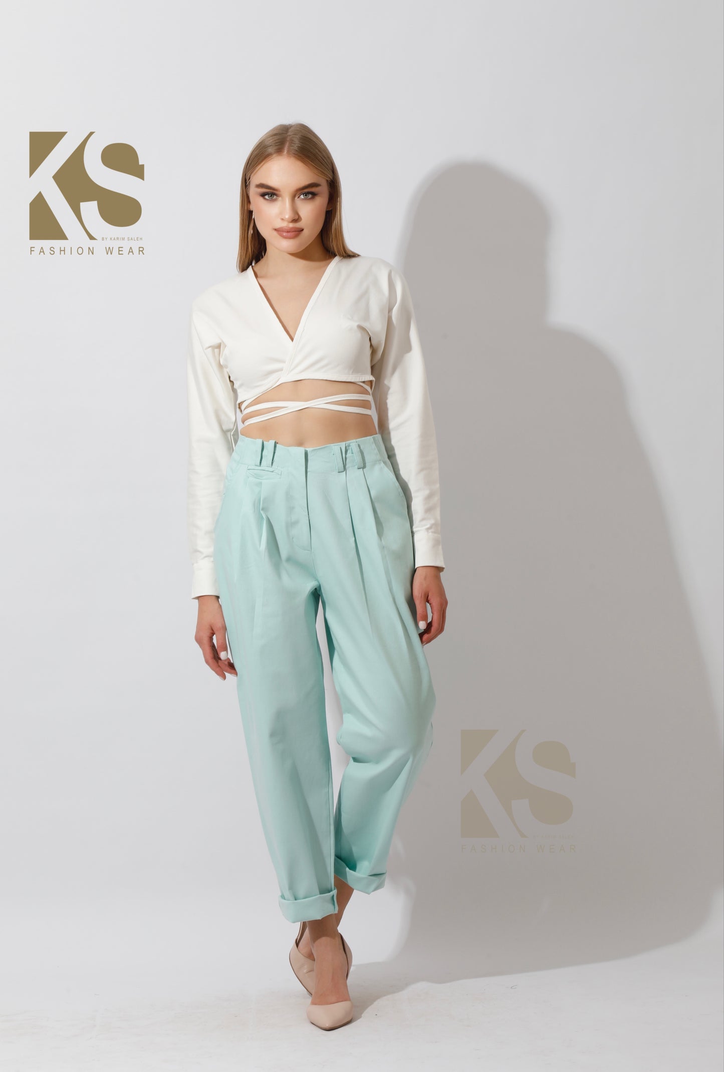 High Rise Paper-Bag Pants - Mint