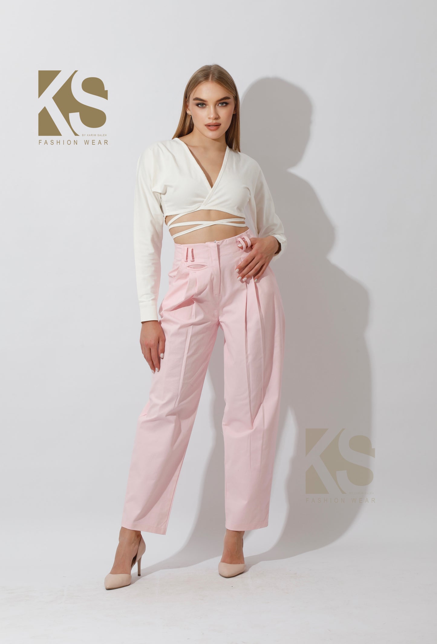 High Rise Paper-Bag Pants - Pink