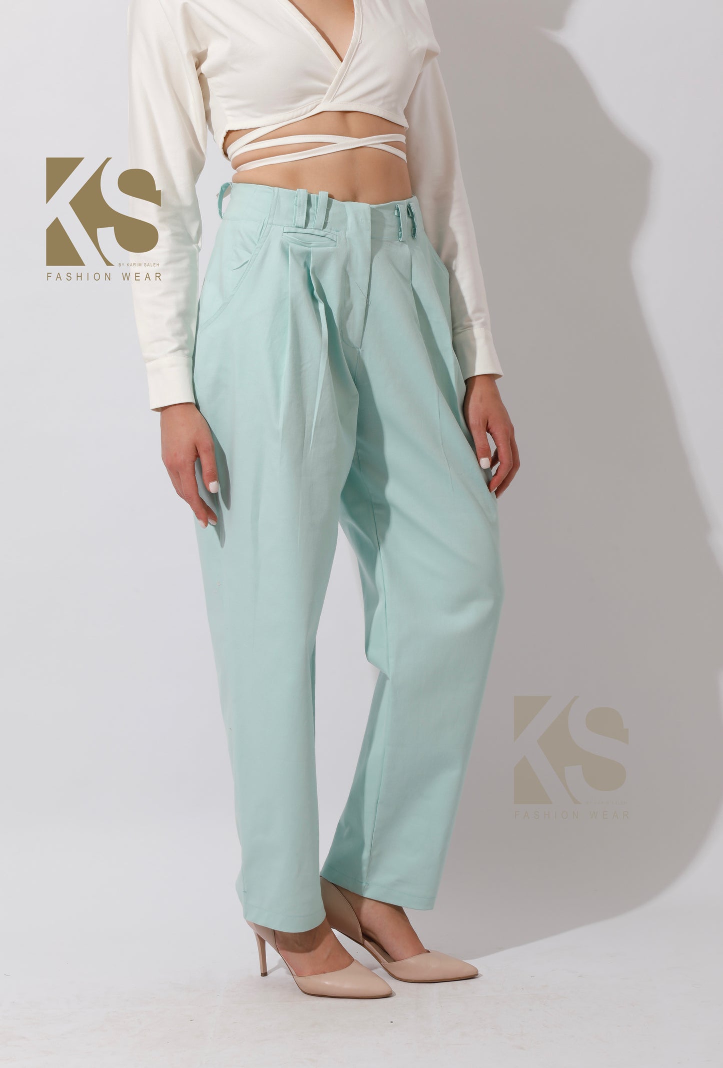 High Rise Paper-Bag Pants - Mint