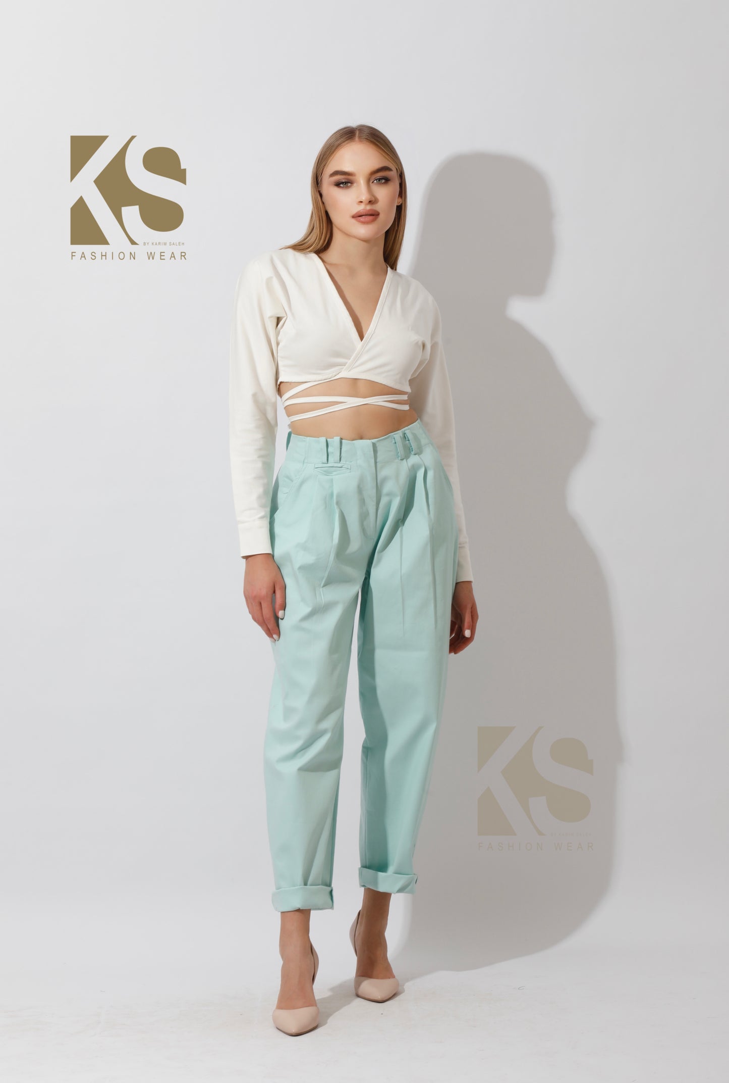 High Rise Paper-Bag Pants - Mint