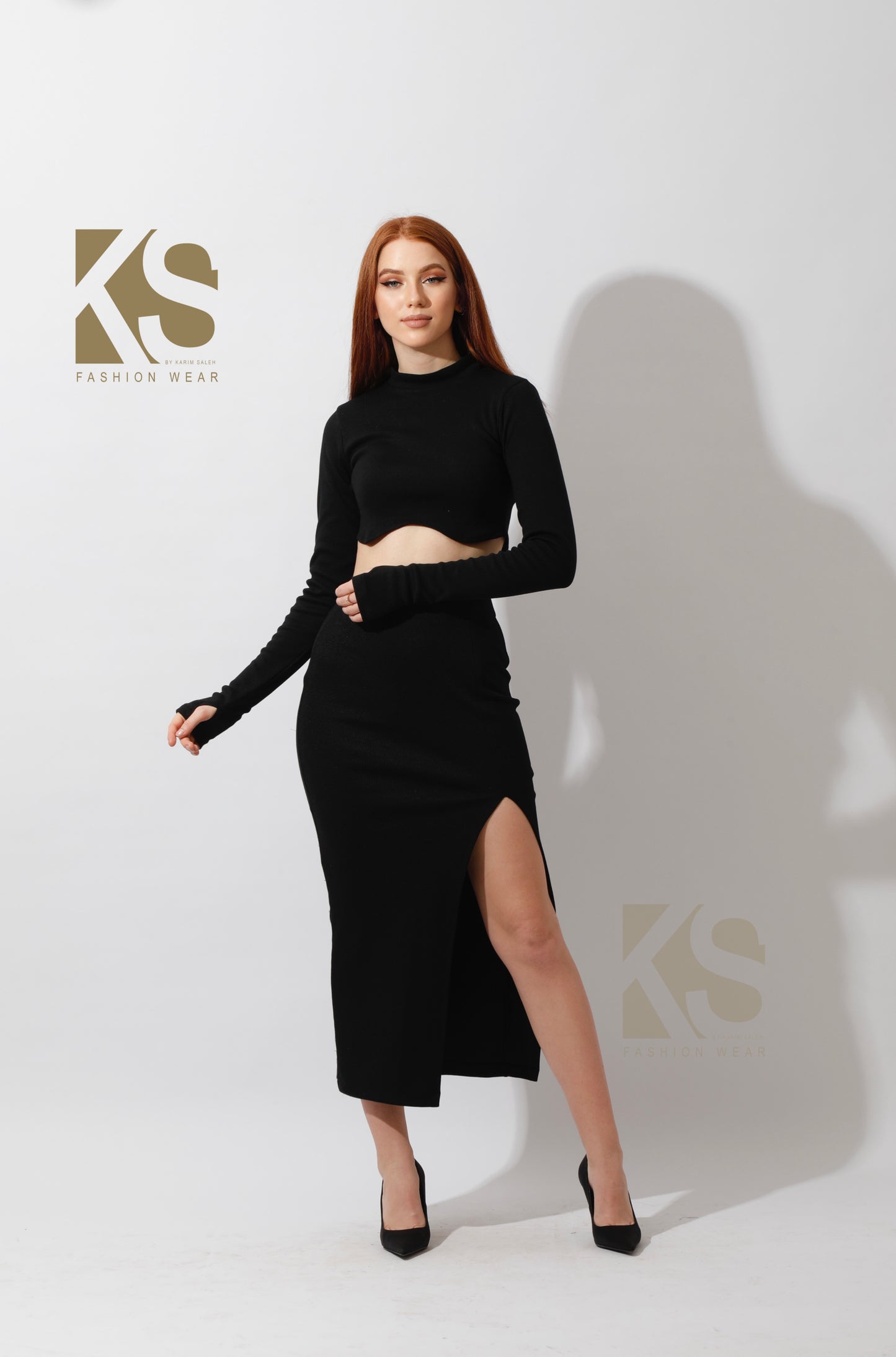 Co-ord Crop Top & Midi Skirt Rib Set - Black