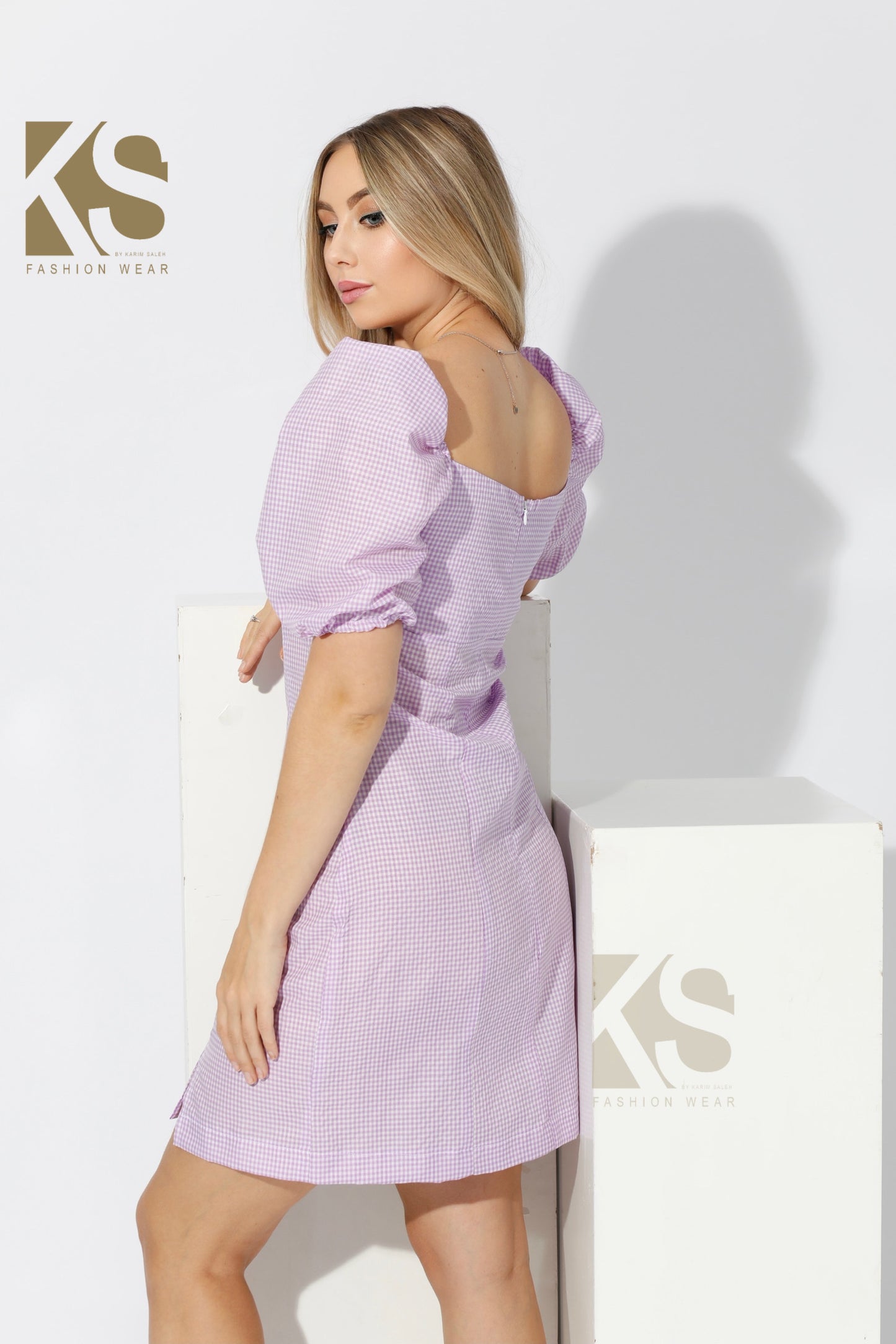 Short Dress with Puff sleeves - Checks Purple