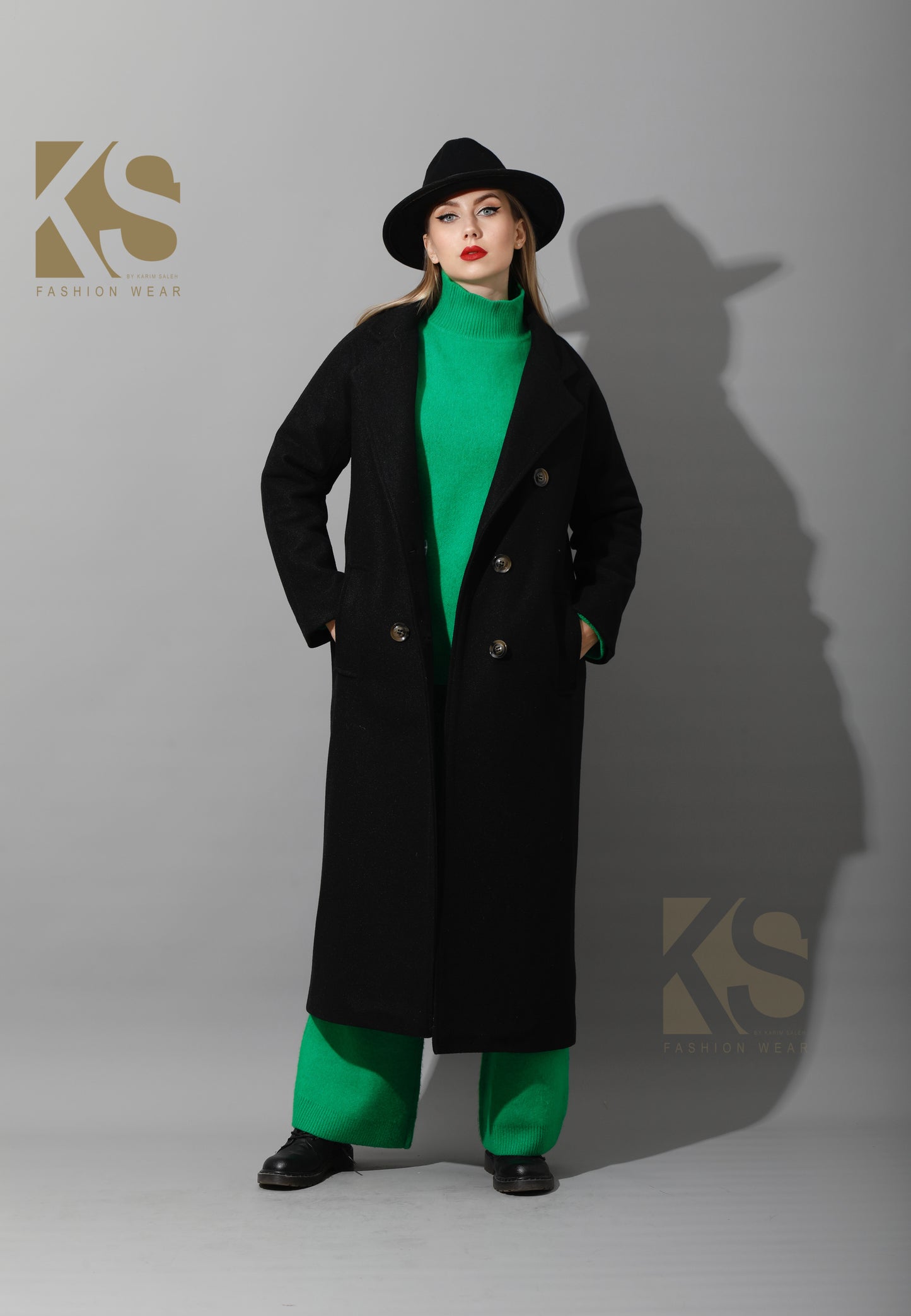 Long Double Breasted Coat - Black