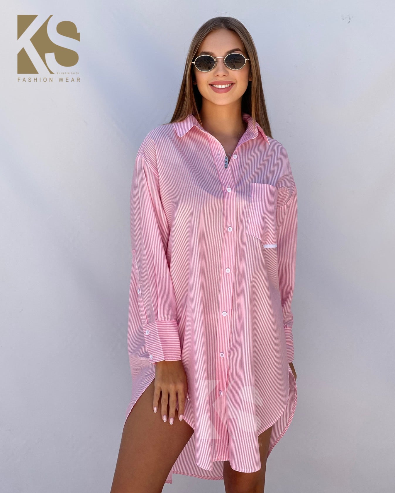 Oversized Striped Shirt Dress - Striped Pink
