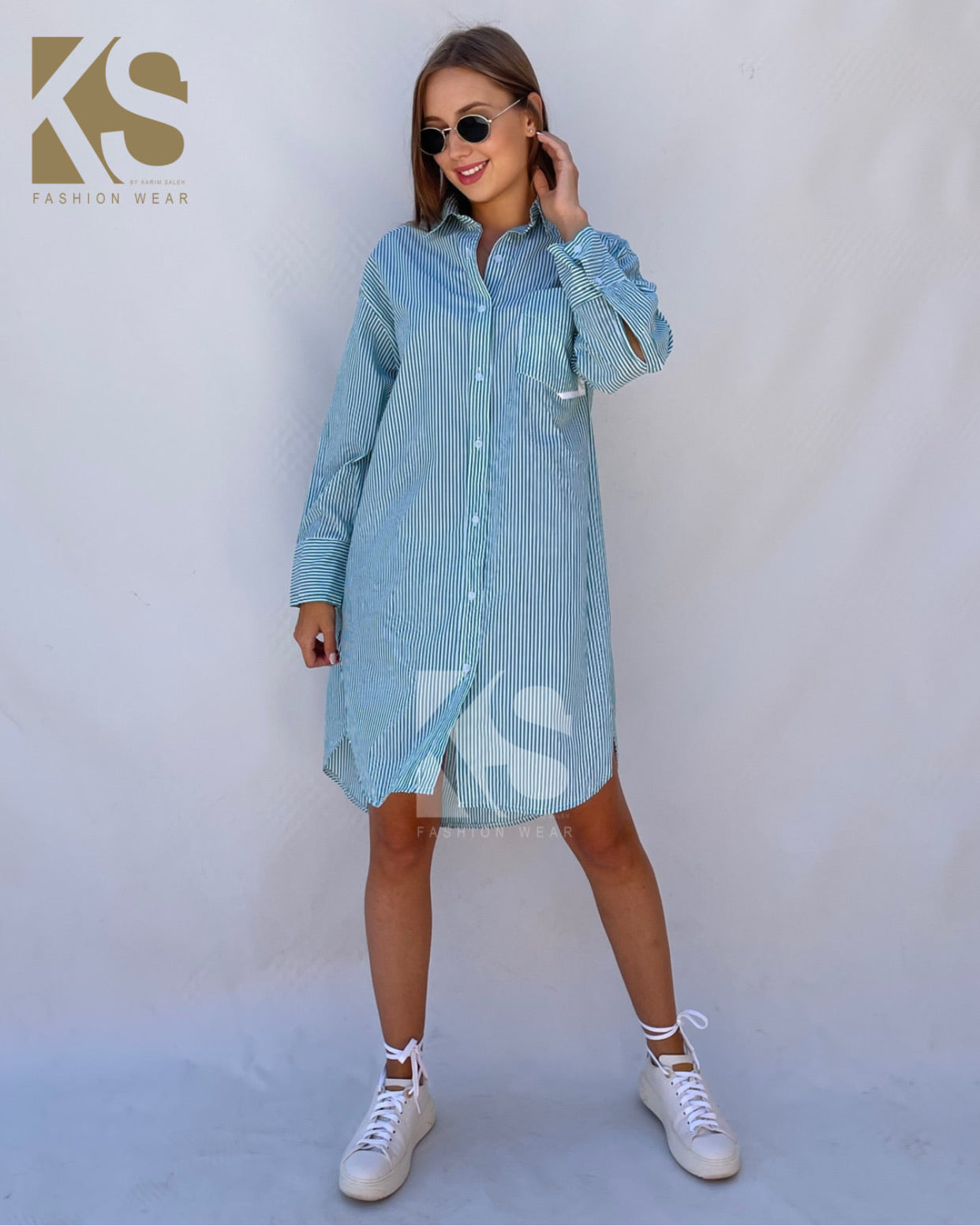 Oversized Striped Shirt Dress - Striped Green
