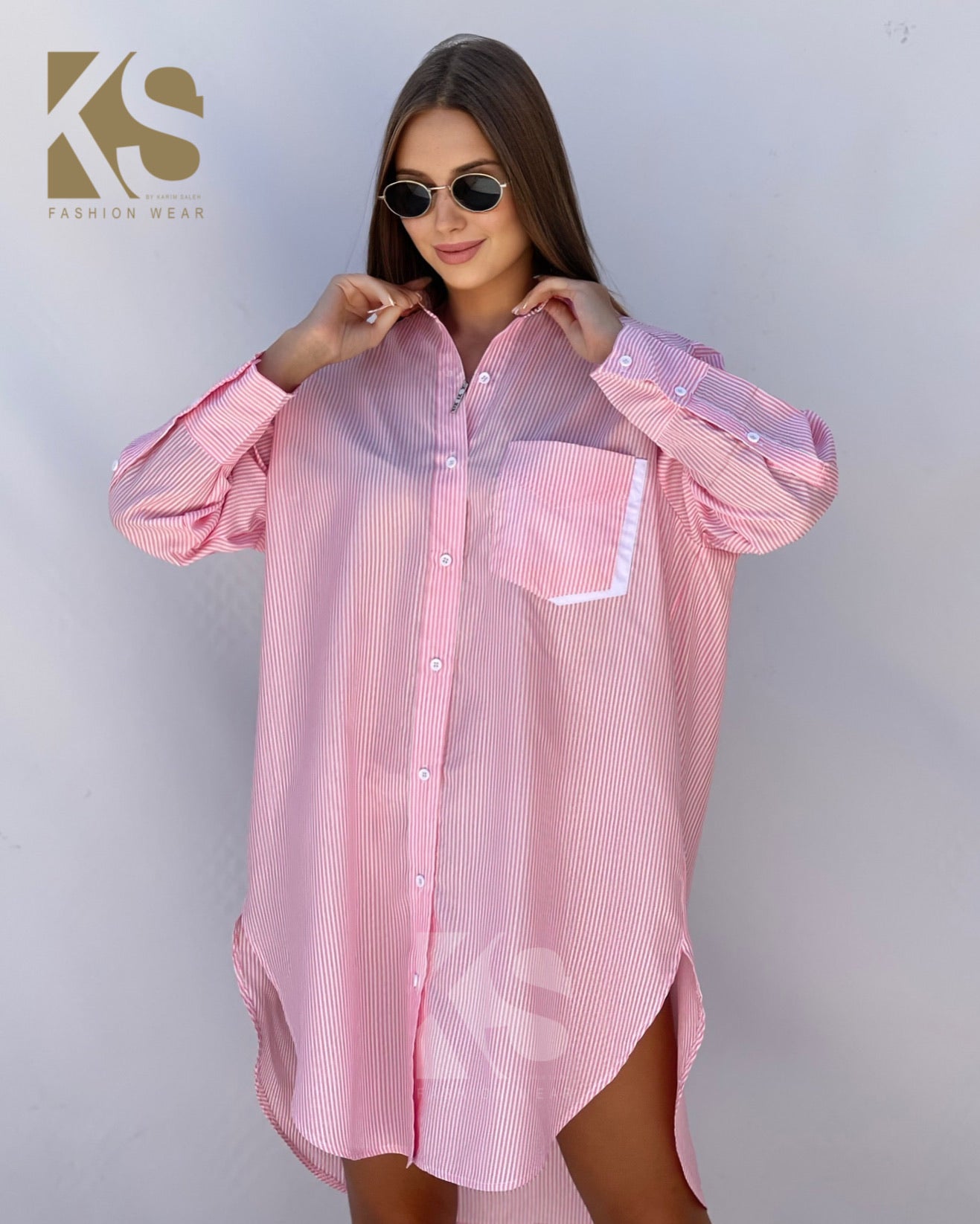 Oversized Striped Shirt Dress - Striped Pink