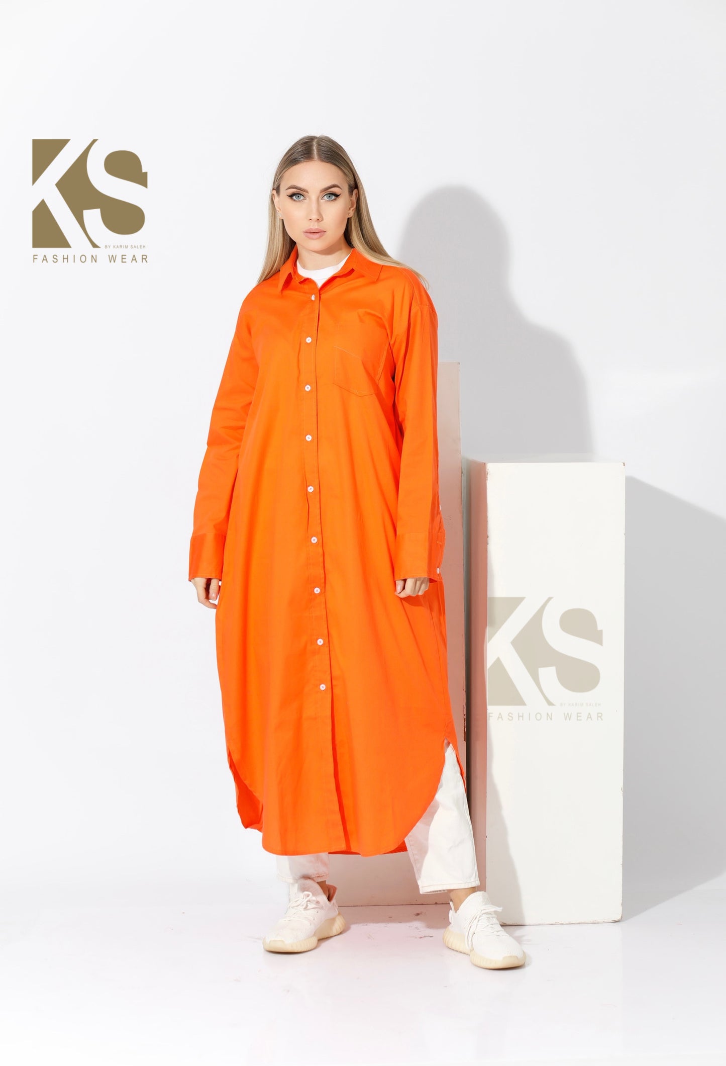 Long Oversized Shirt Dress - Orange