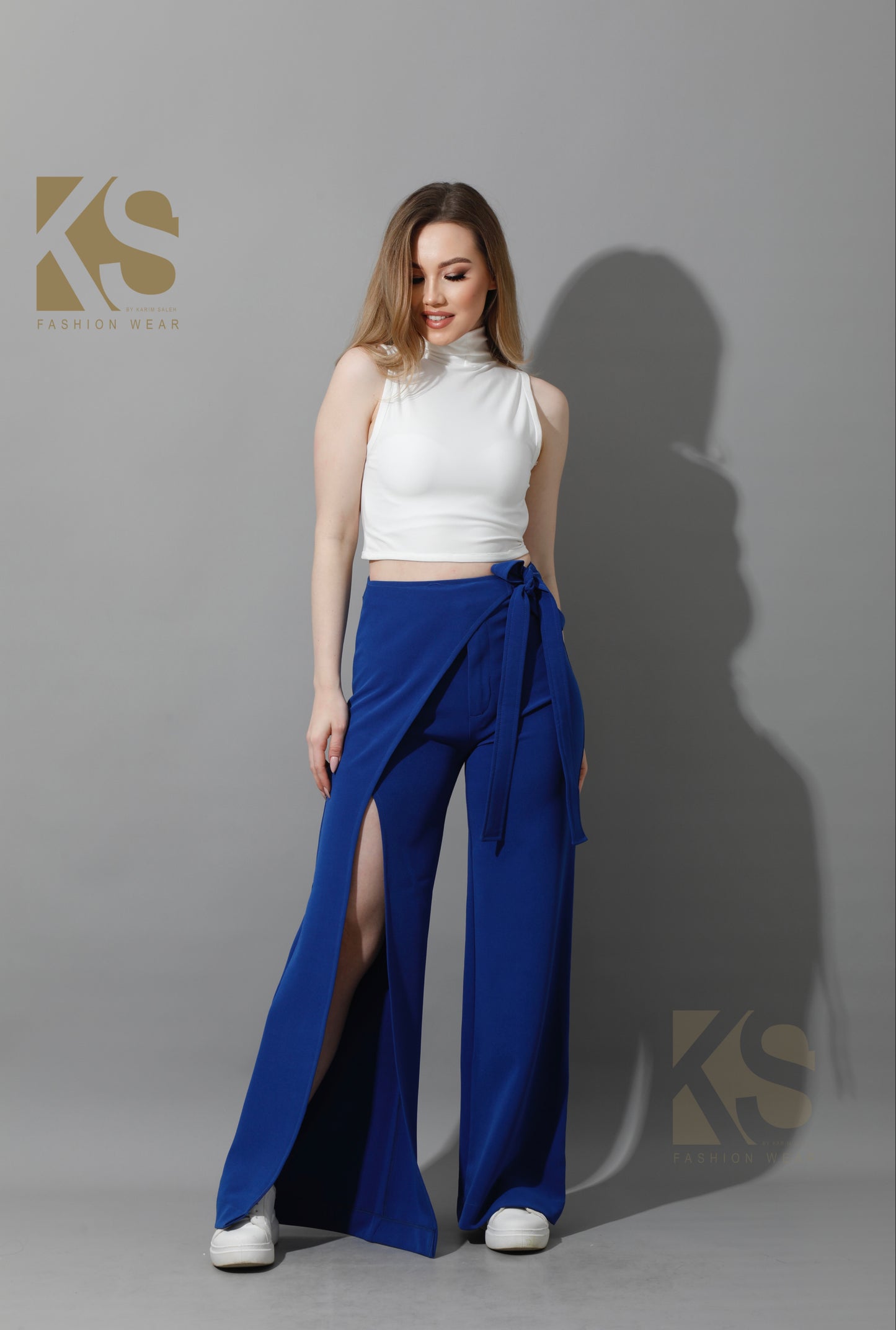 Wrap Pants With Front Slit - Electric Blue