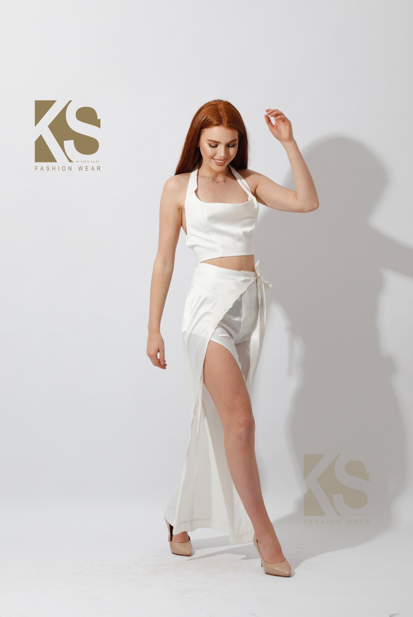 Satin Wrap Pants With Front Slit - White