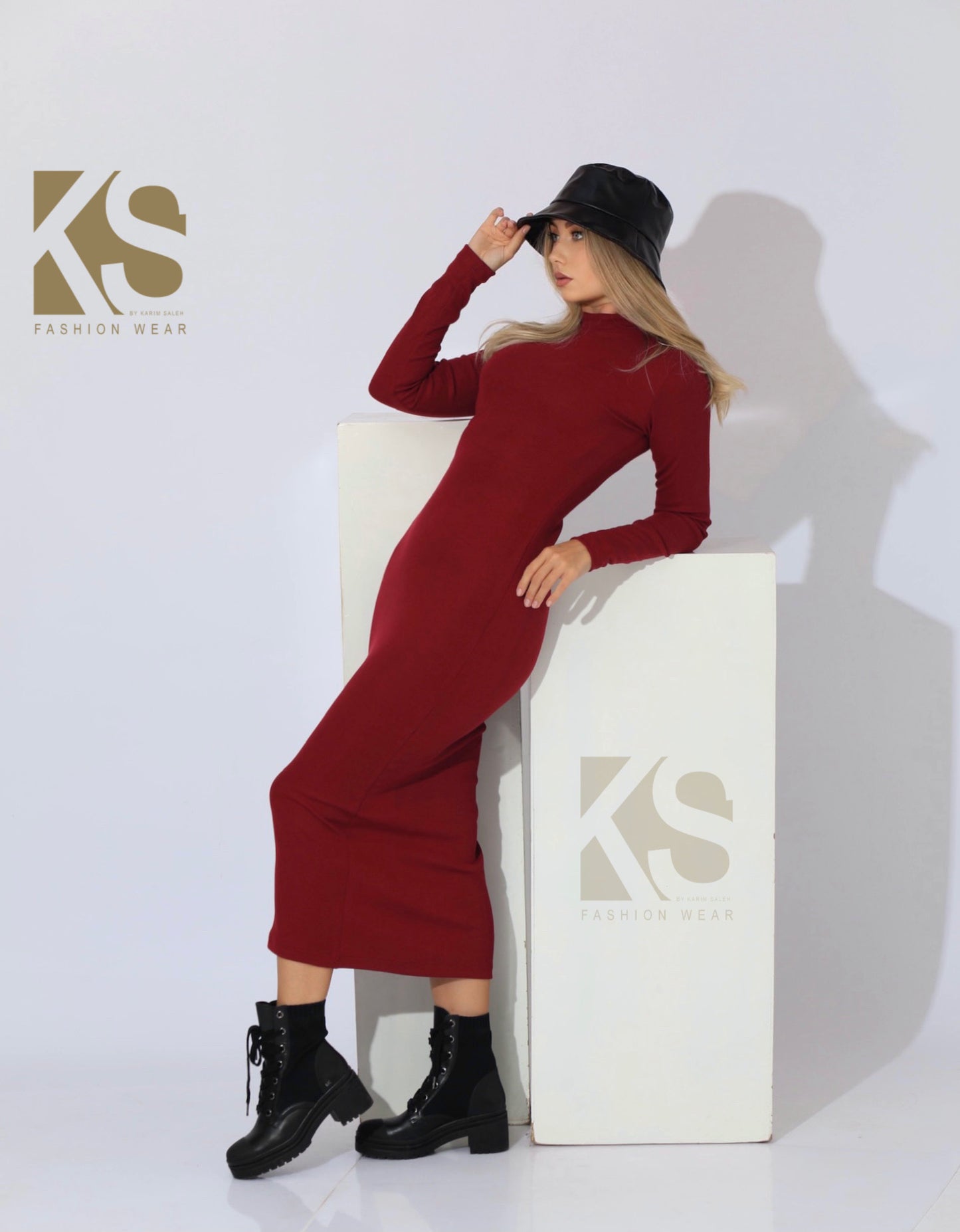 Slinky High Neck Midi Dress - Maroon