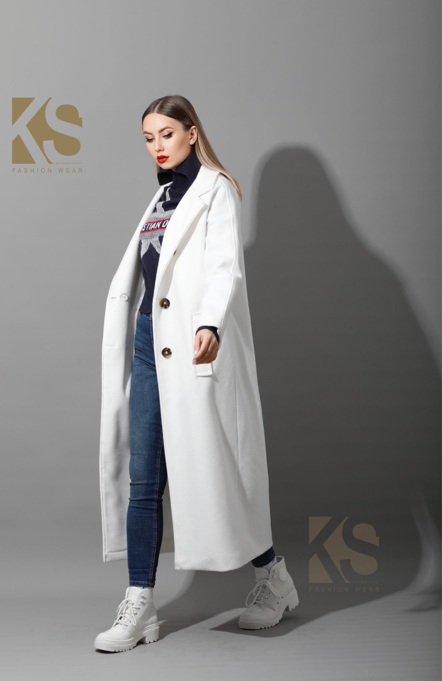 Long Double Breasted Coat - White
