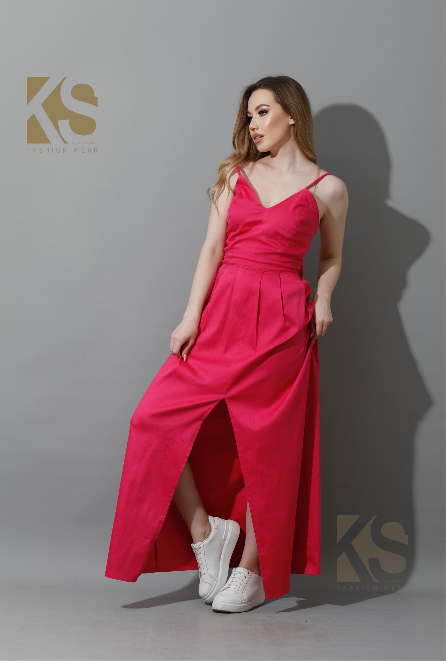 Front Long Slit Dress - Barbie Pink