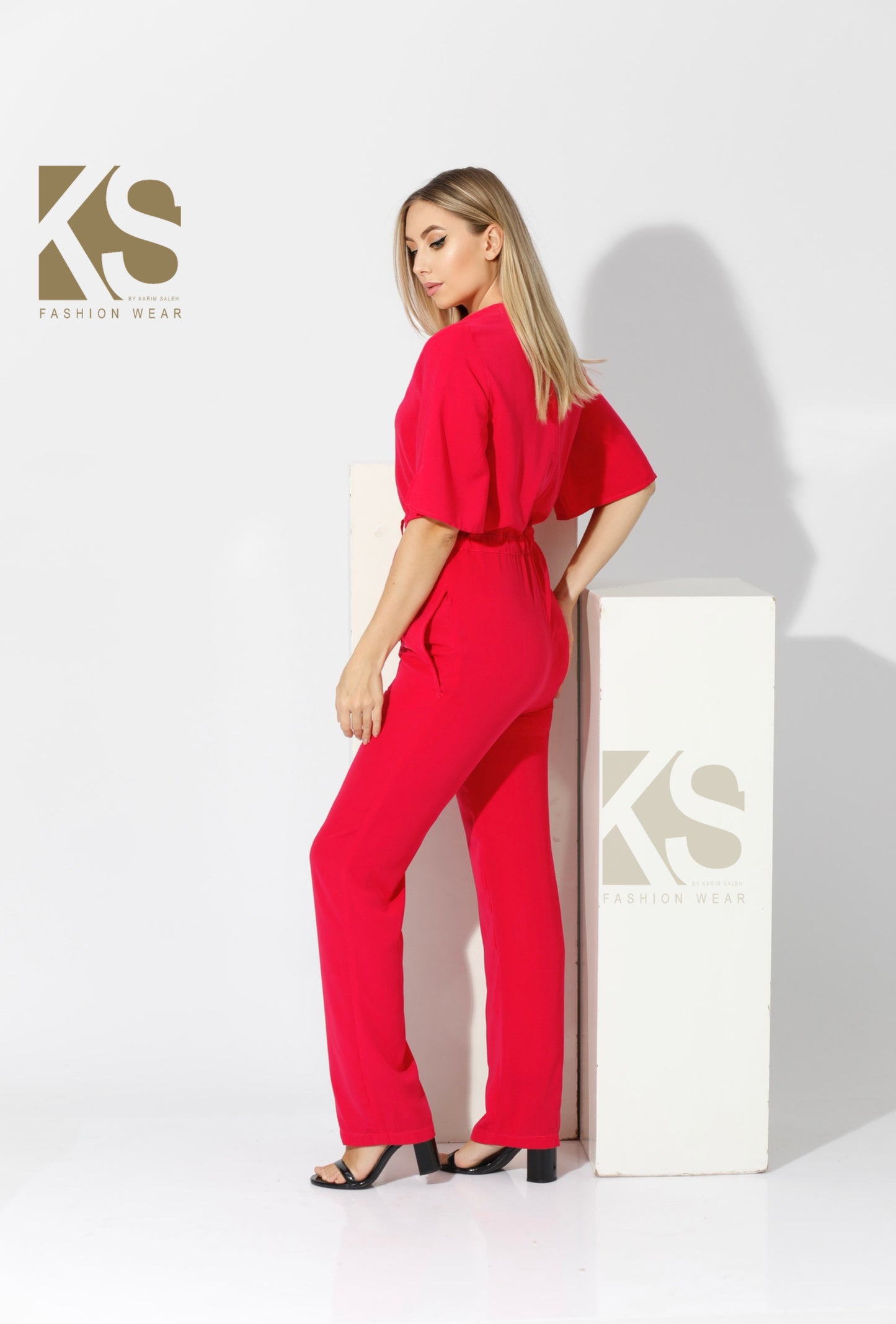 Half sleeves Jumpsuit - Red