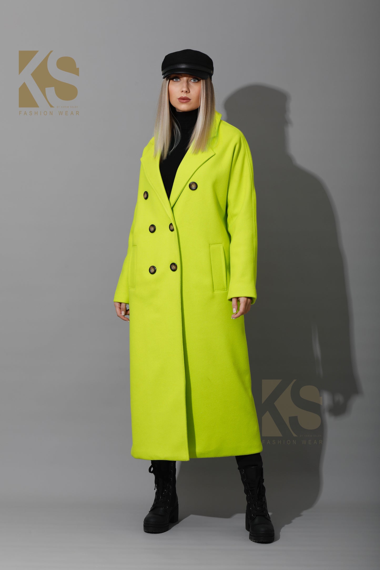 Long Double Breasted Coat - Lime Green