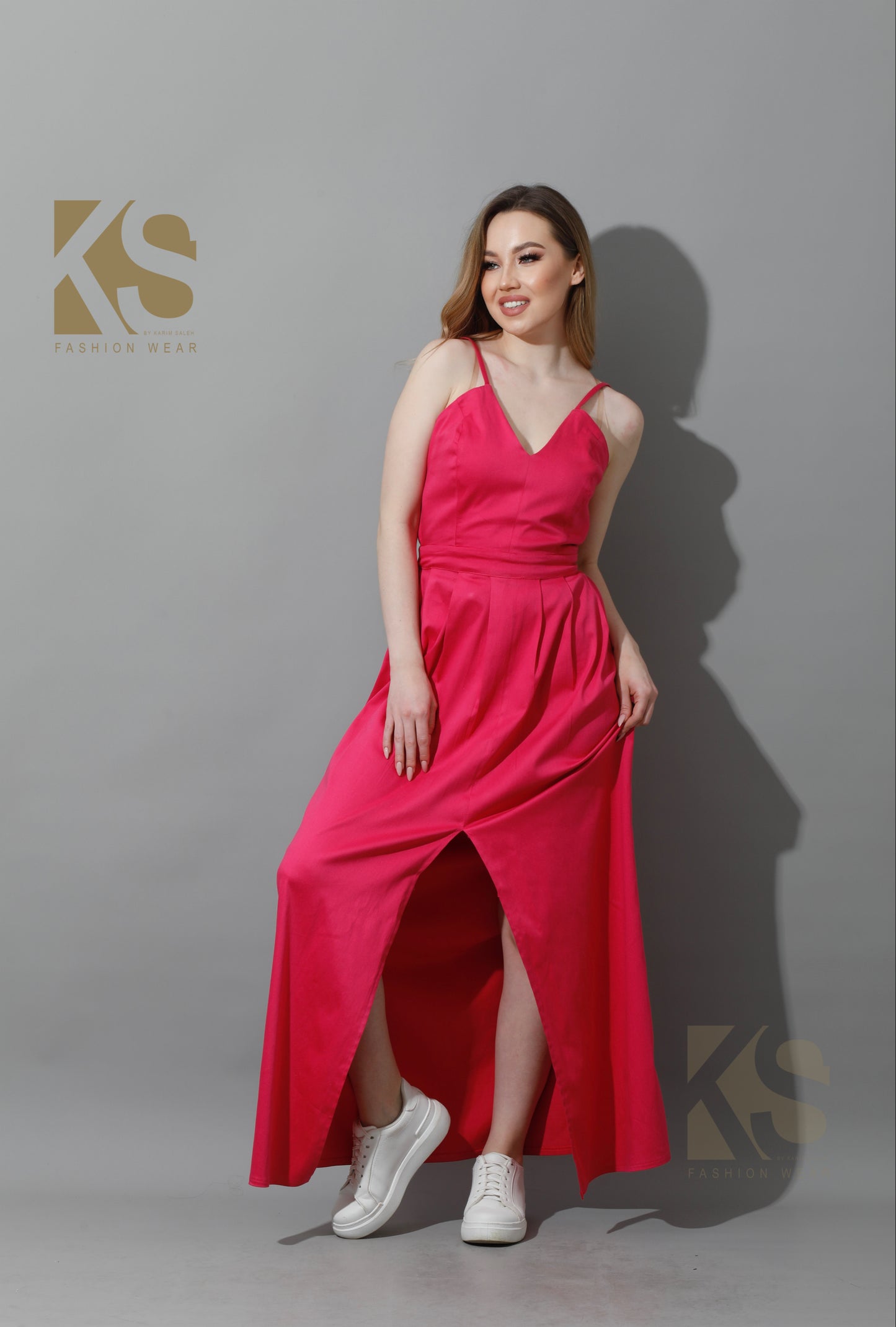 Front Long Slit Dress - Barbie Pink