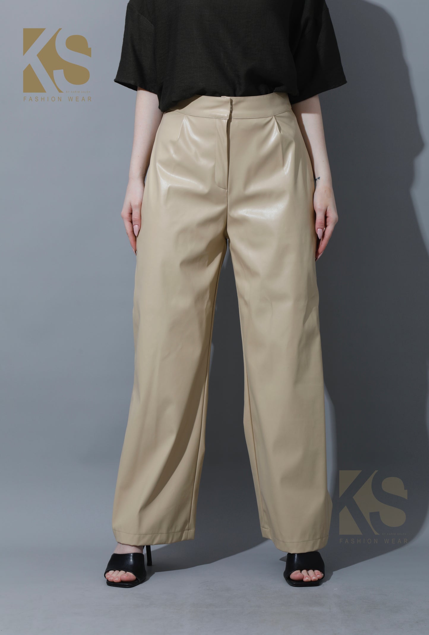 Leather Wide Leg Trousers - Beige