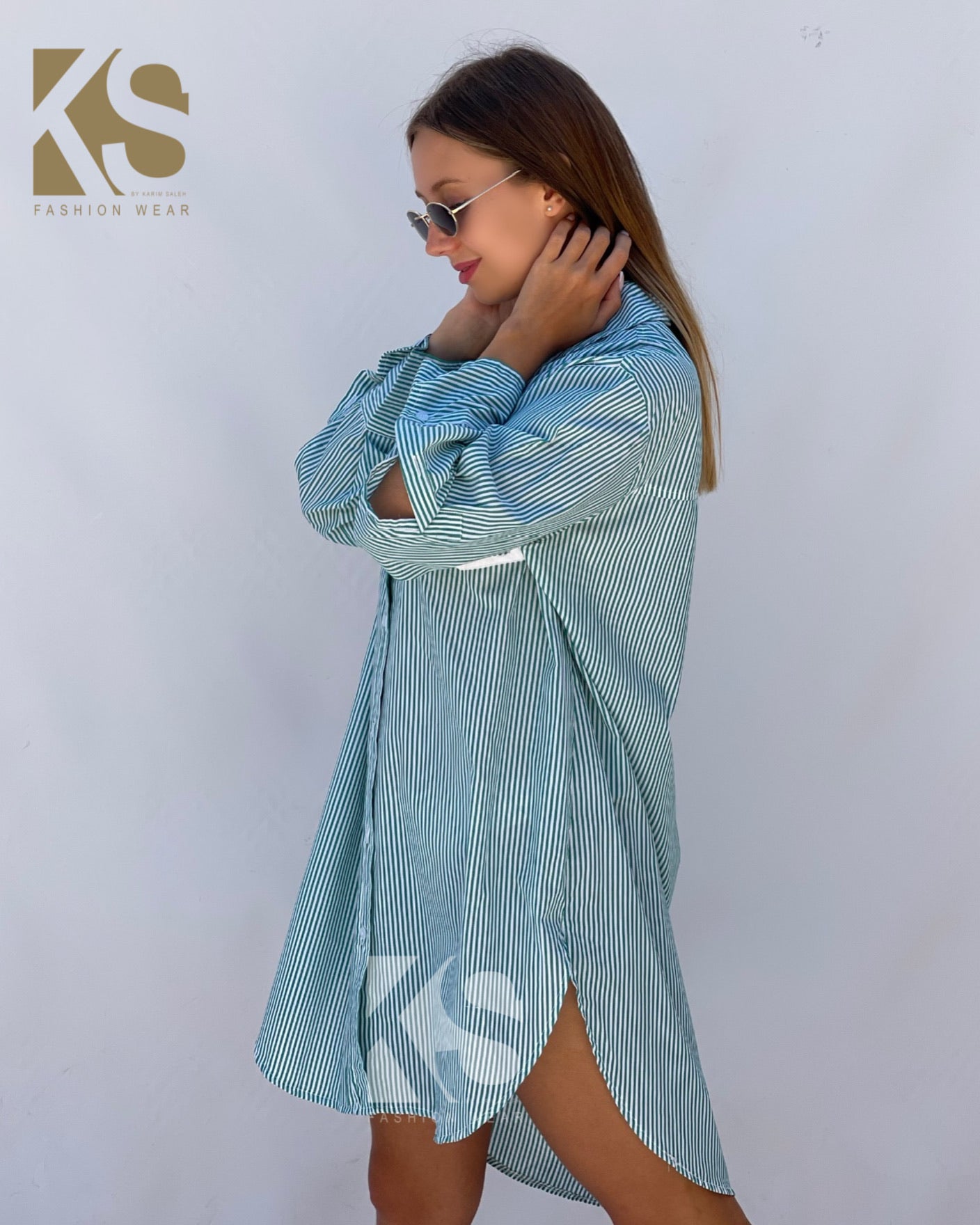 Oversized Striped Shirt Dress - Striped Green